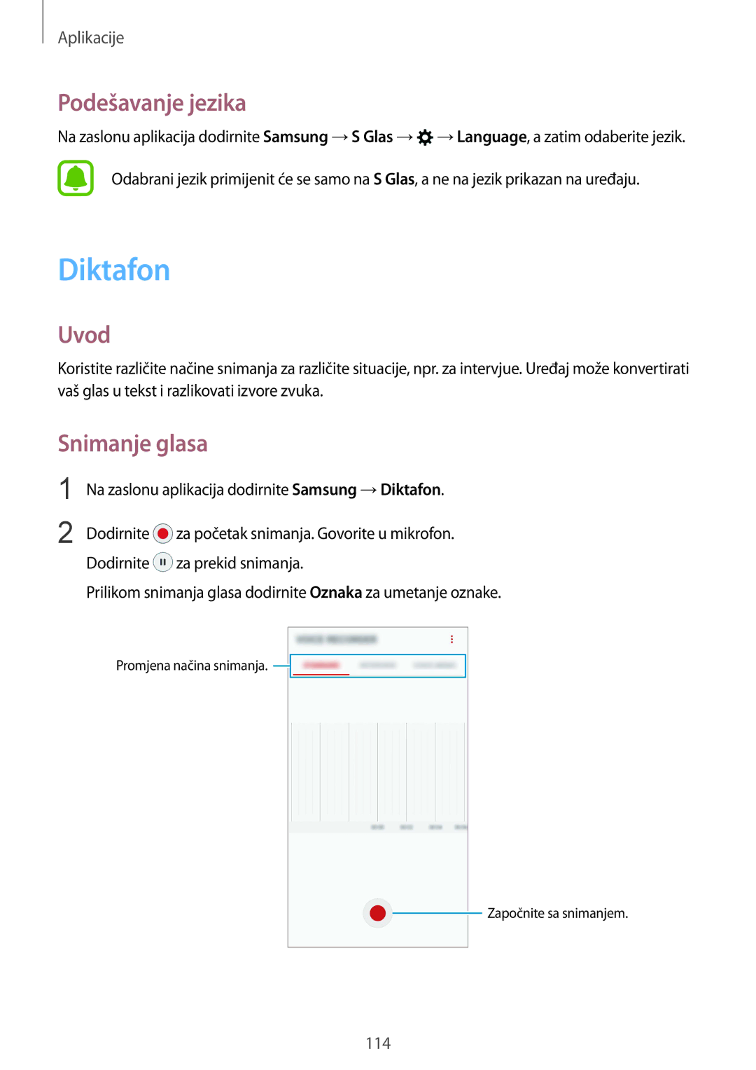 Samsung SM-G930FZSASEE, SM-G930FZKAVIP, SM-G930FZKATWO, SM-G930FZKADHR manual Diktafon, Podešavanje jezika, Snimanje glasa 