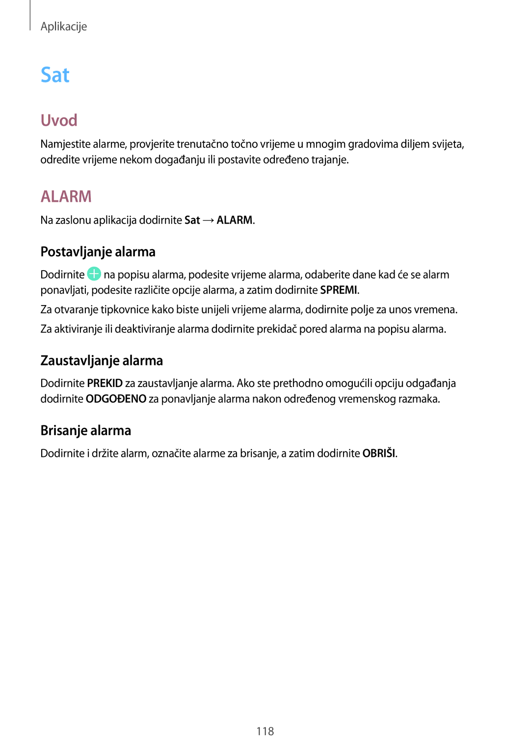 Samsung SM-G930FZKASEE, SM-G930FZKAVIP, SM-G930FZKATWO manual Sat, Postavljanje alarma, Zaustavljanje alarma, Brisanje alarma 