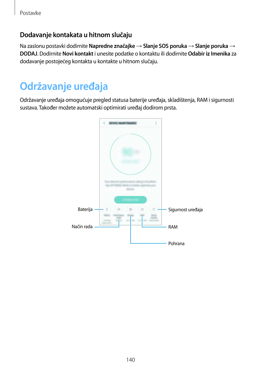 Samsung SM-G930FZKAVIP, SM-G930FZKATWO, SM-G930FZKADHR manual Održavanje uređaja, Dodavanje kontakata u hitnom slučaju 