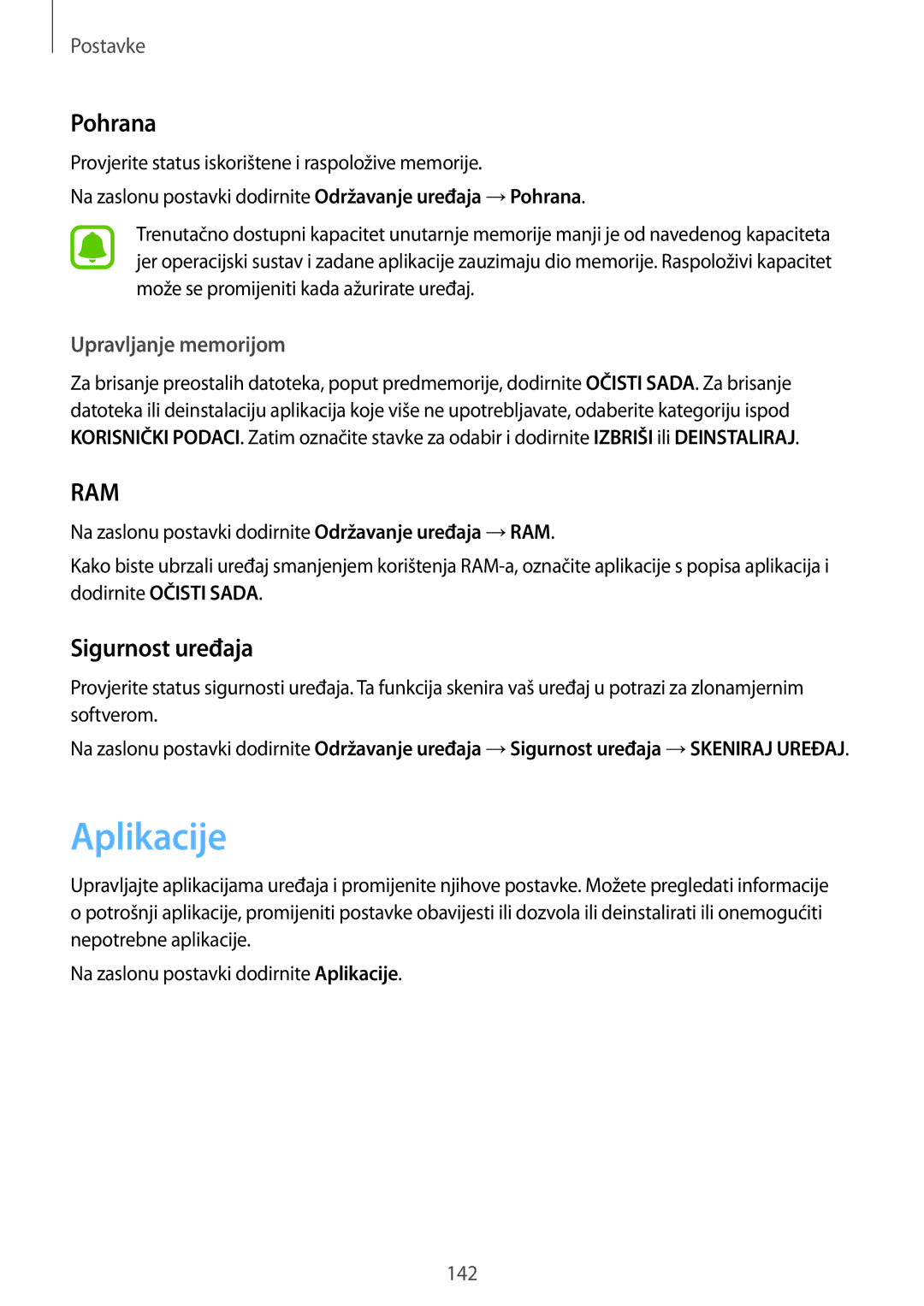 Samsung SM-G930FZKADHR, SM-G930FZKAVIP, SM-G930FZKATWO manual Aplikacije, Pohrana, Sigurnost uređaja, Upravljanje memorijom 