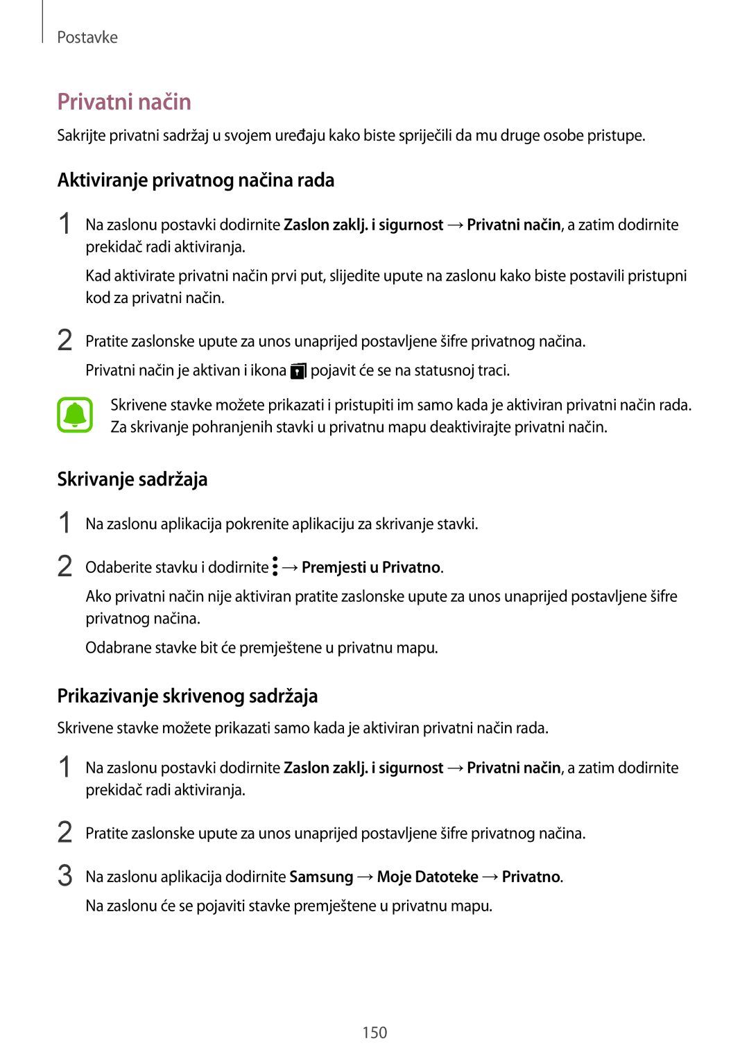 Samsung SM-G930FZKAVIP, SM-G930FZKATWO manual Privatni način, Aktiviranje privatnog načina rada, Skrivanje sadržaja 