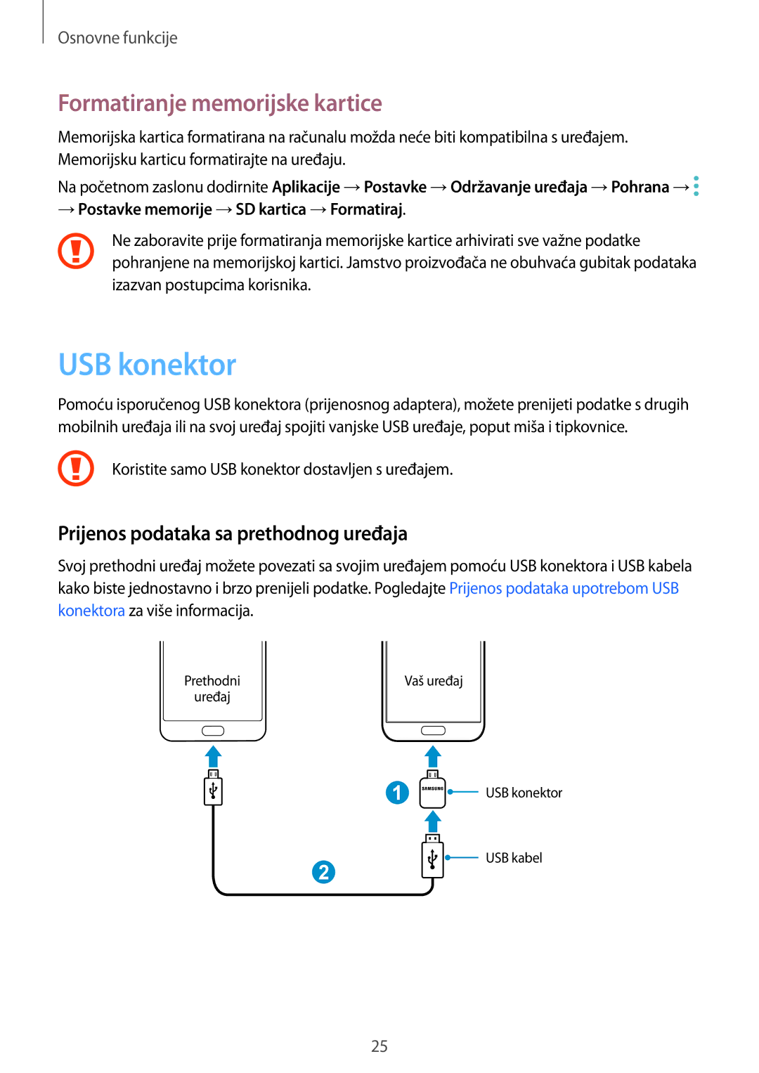 Samsung SM-G930FZDATWO manual USB konektor, Formatiranje memorijske kartice, Prijenos podataka sa prethodnog uređaja 