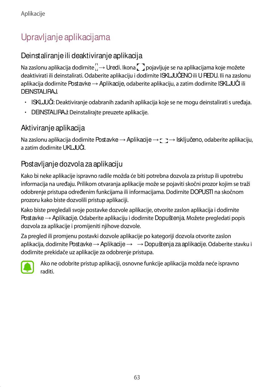 Samsung SM-G930FZWASEE manual Upravljanje aplikacijama, Deinstaliranje ili deaktiviranje aplikacija, Aktiviranje aplikacija 