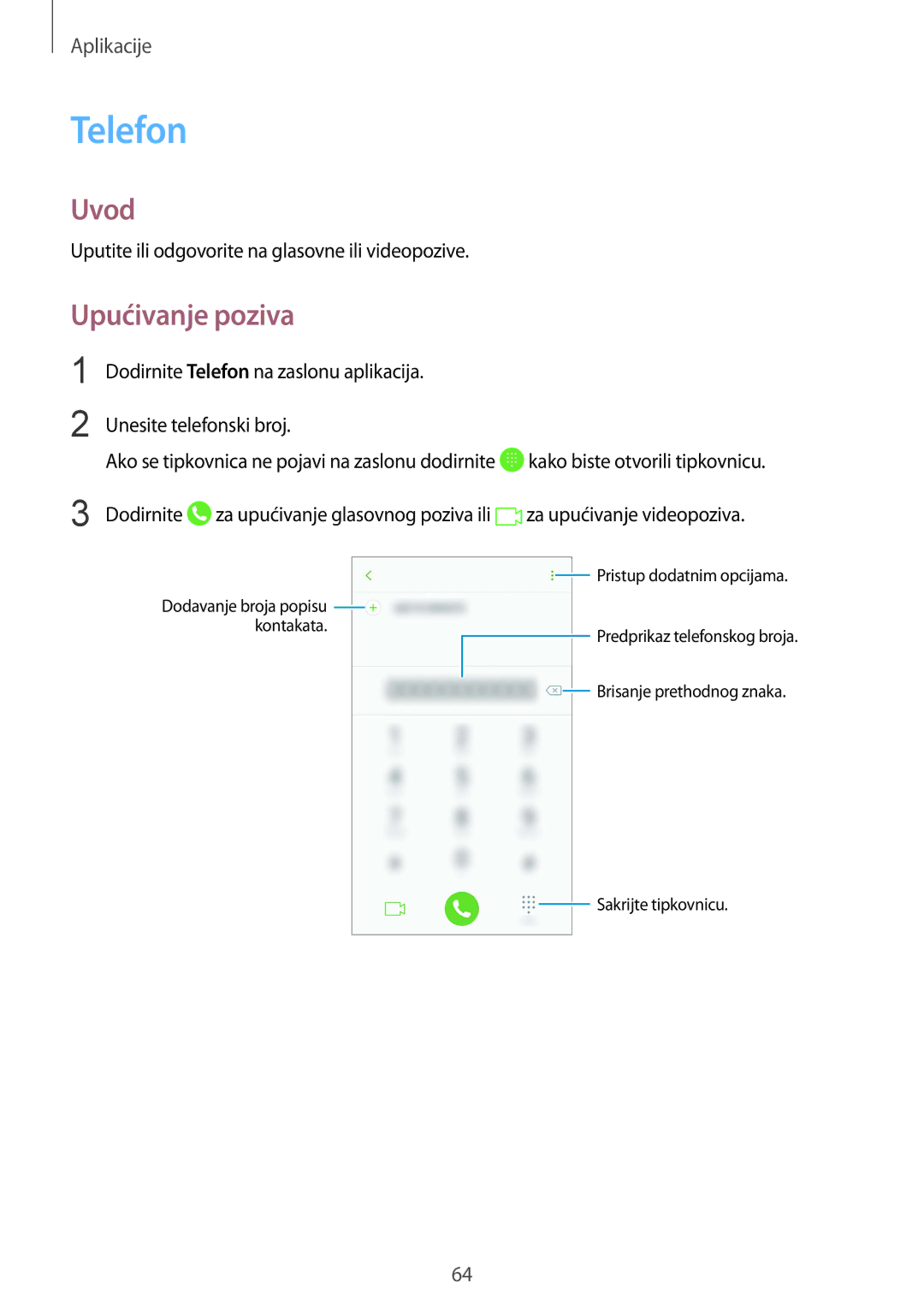 Samsung SM-G930FZSASEE, SM-G930FZKAVIP, SM-G930FZKATWO, SM-G930FZKADHR, SM-G930FZWASEE manual Telefon, Upućivanje poziva 