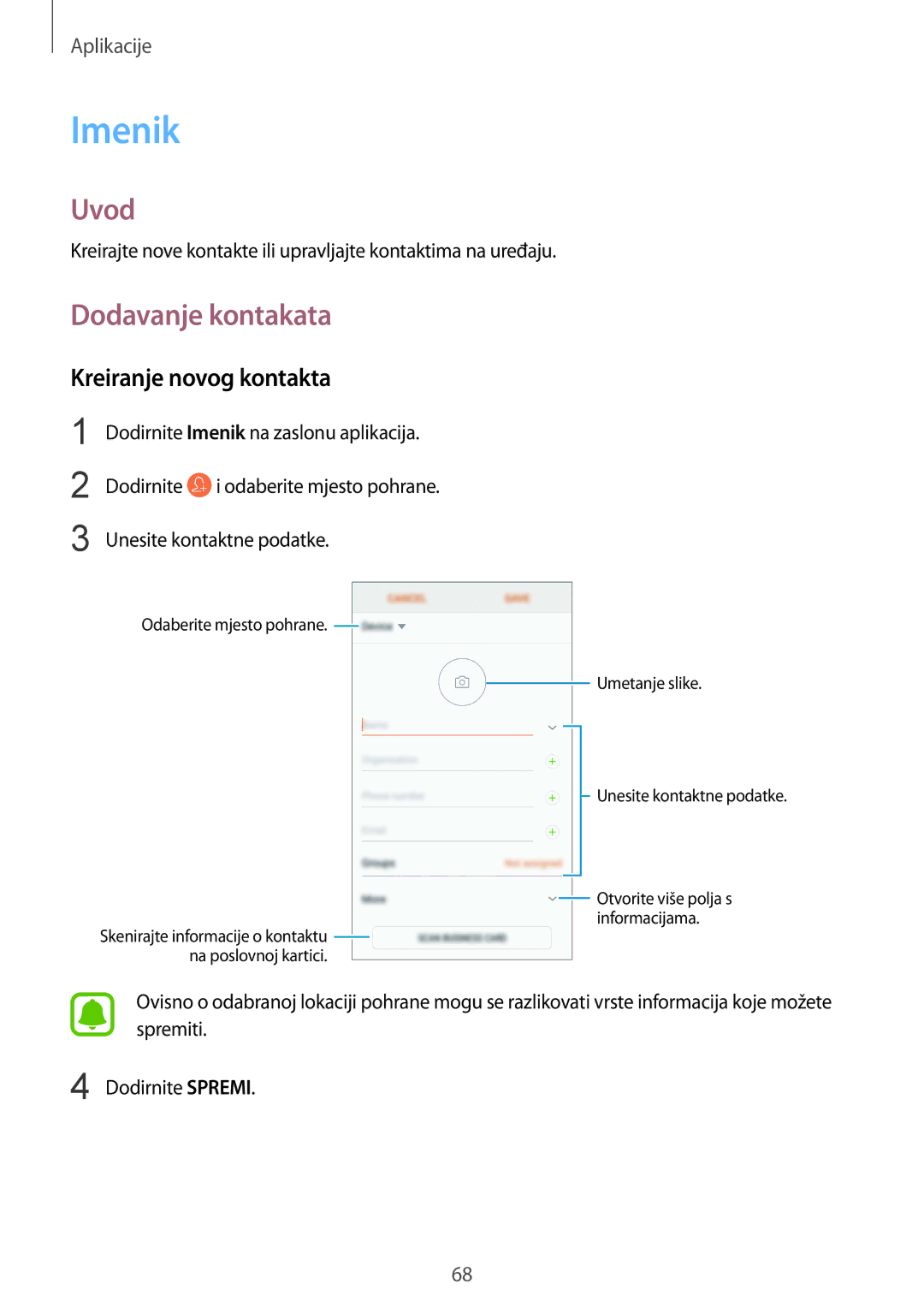 Samsung SM-G930FZKASEE, SM-G930FZKAVIP, SM-G930FZKATWO, SM-G930FZKADHR Imenik, Dodavanje kontakata, Kreiranje novog kontakta 