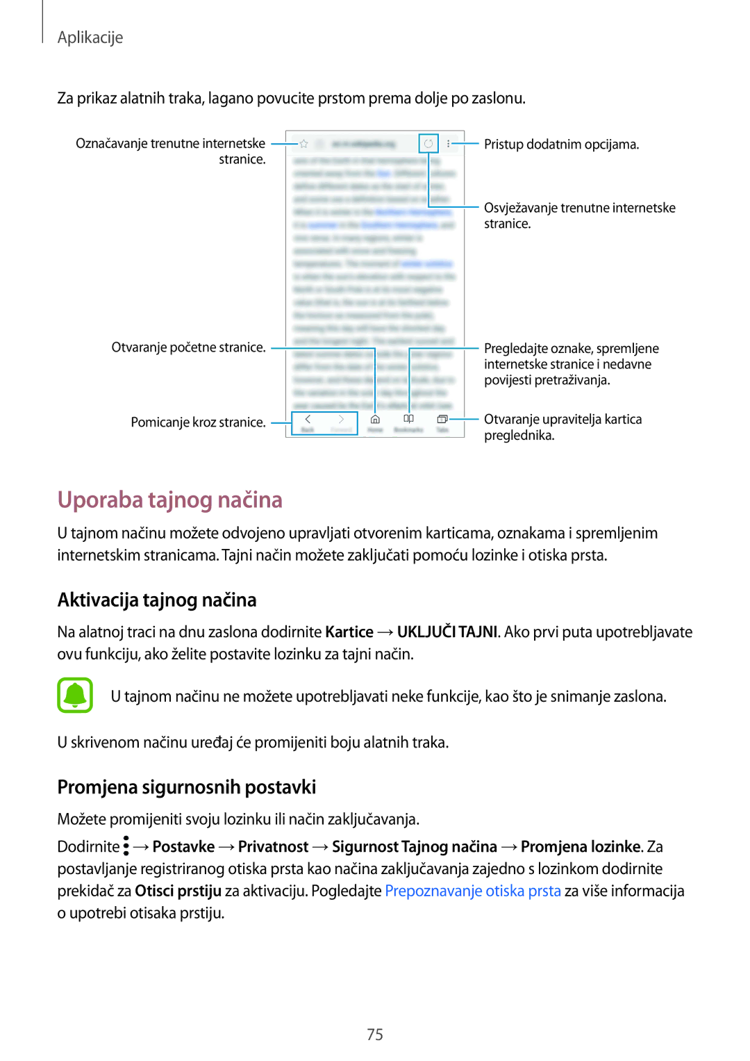 Samsung SM-G930FZDATWO, SM-G930FZKAVIP manual Uporaba tajnog načina, Aktivacija tajnog načina, Promjena sigurnosnih postavki 