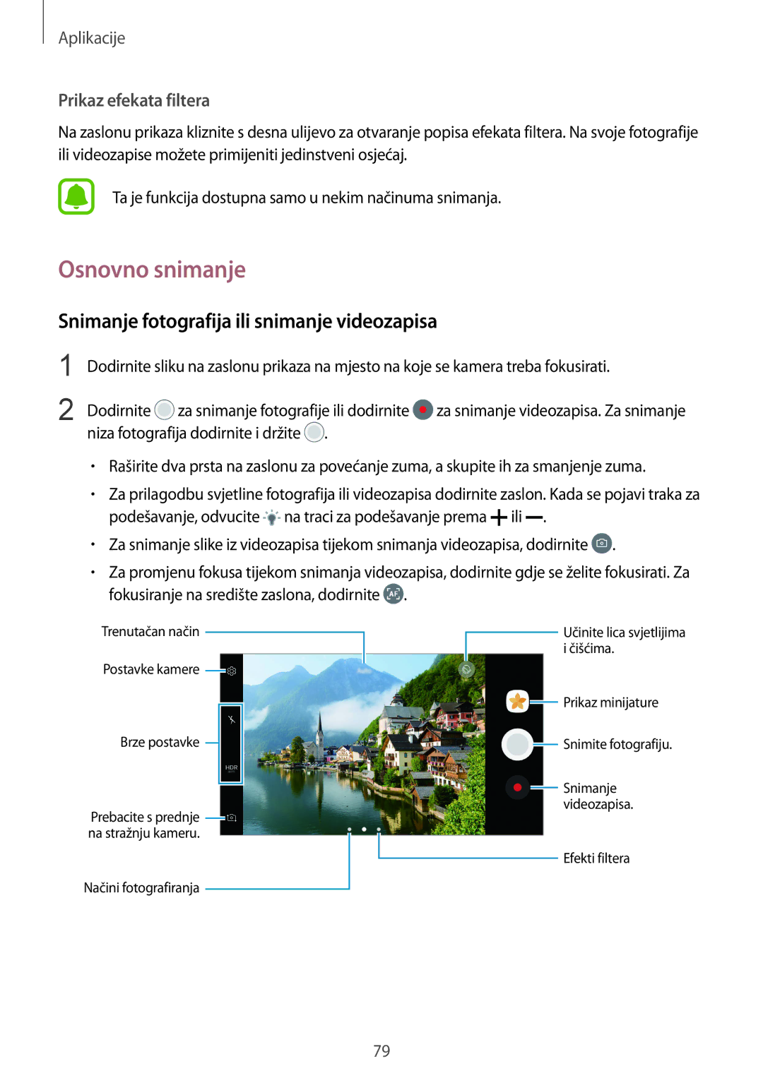 Samsung SM-G930FZDADHR manual Osnovno snimanje, Snimanje fotografija ili snimanje videozapisa, Prikaz efekata filtera 