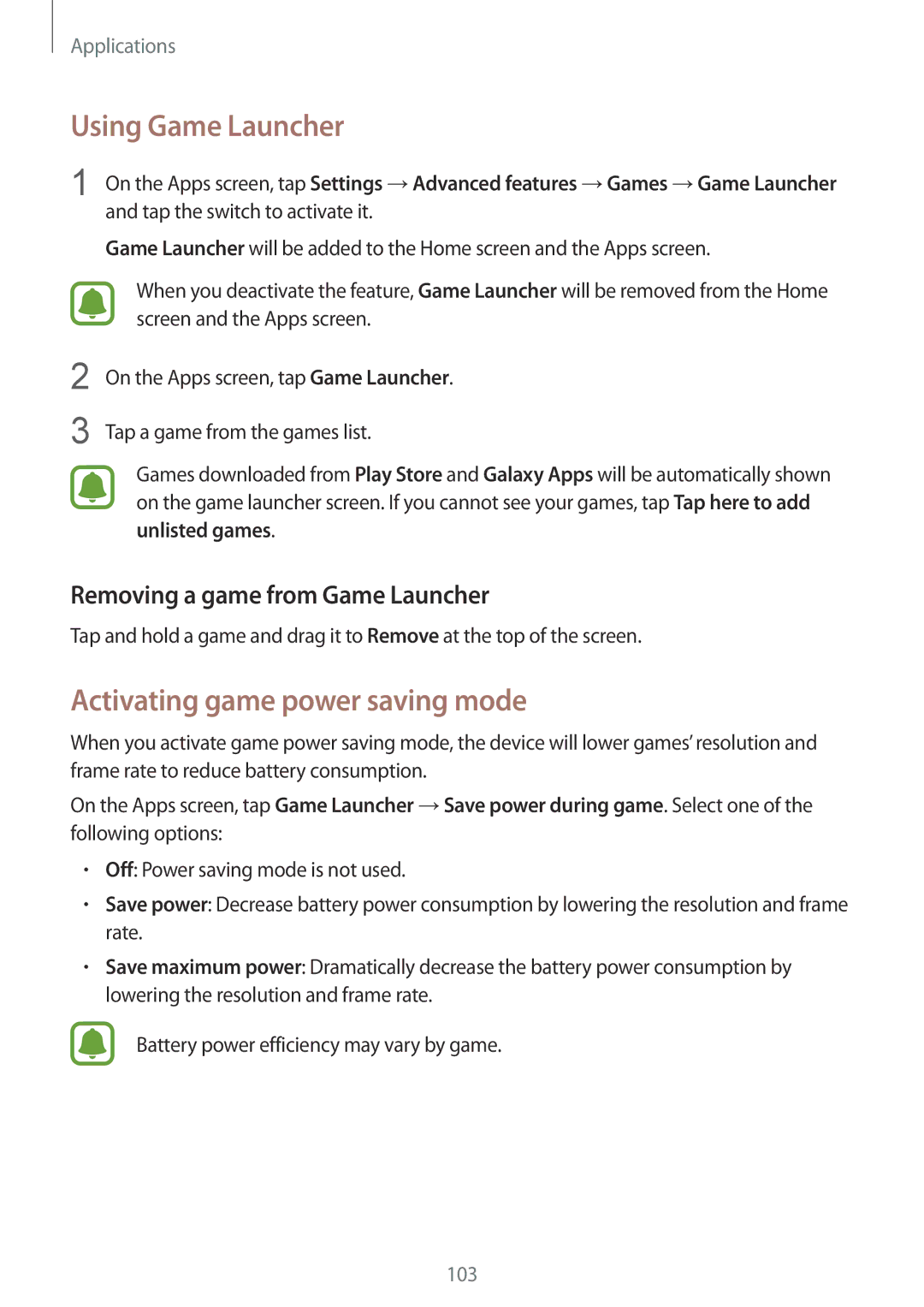 Samsung SM-G930FZSANEE manual Using Game Launcher, Activating game power saving mode, Removing a game from Game Launcher 