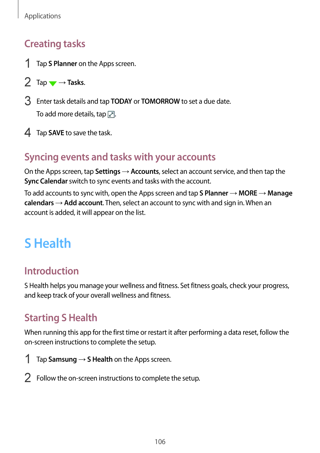 Samsung SM-G930FZDASEB, SM-G930FZSADBT Creating tasks, Syncing events and tasks with your accounts, Starting S Health 