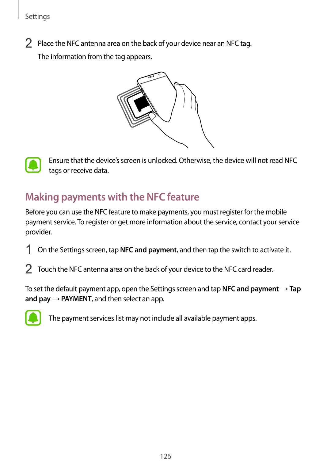 Samsung SM-G930FEDAITV, SM-G930FZSADBT, SM-G930FZWADBT, SM-G930FZDADBT, SM-G930FZKADBT Making payments with the NFC feature 