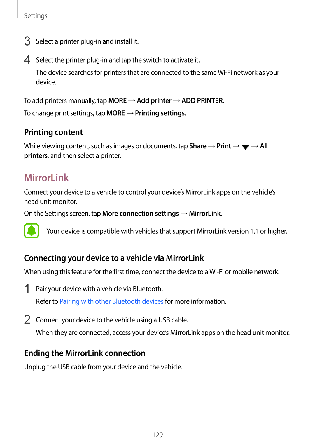 Samsung SM-G930FZDAITV, SM-G930FZSADBT manual Printing content, Connecting your device to a vehicle via MirrorLink 