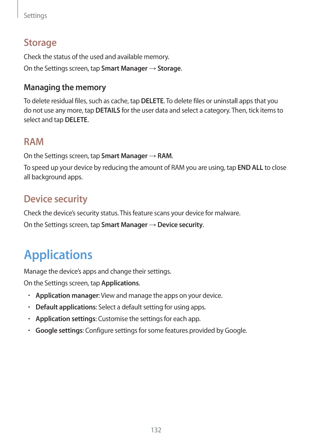 Samsung SM-G930FEDAPHE, SM-G930FZSADBT, SM-G930FZWADBT manual Applications, Storage, Device security, Managing the memory 