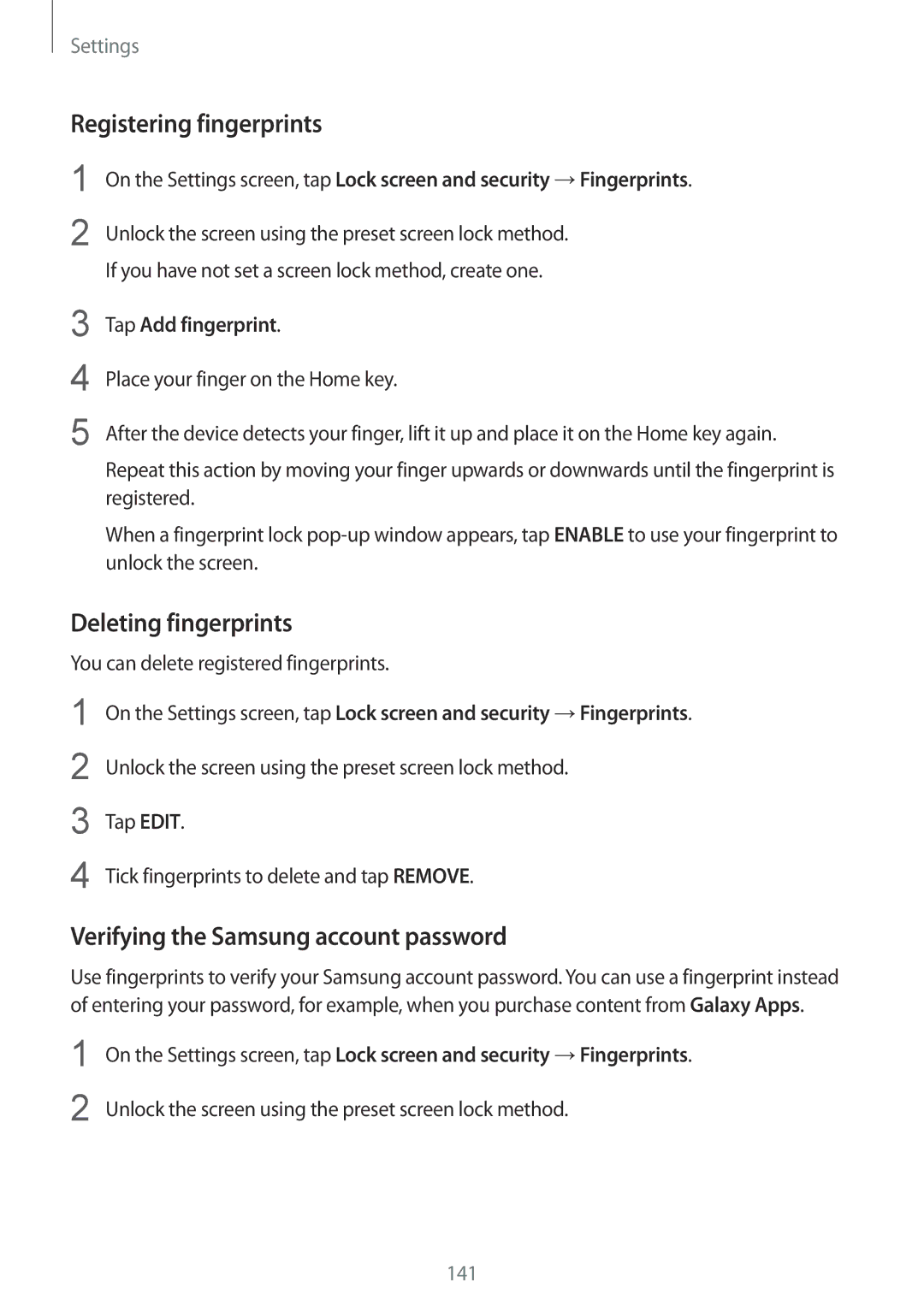 Samsung SM-G930FZDUXXV manual Registering fingerprints, Deleting fingerprints, Verifying the Samsung account password 