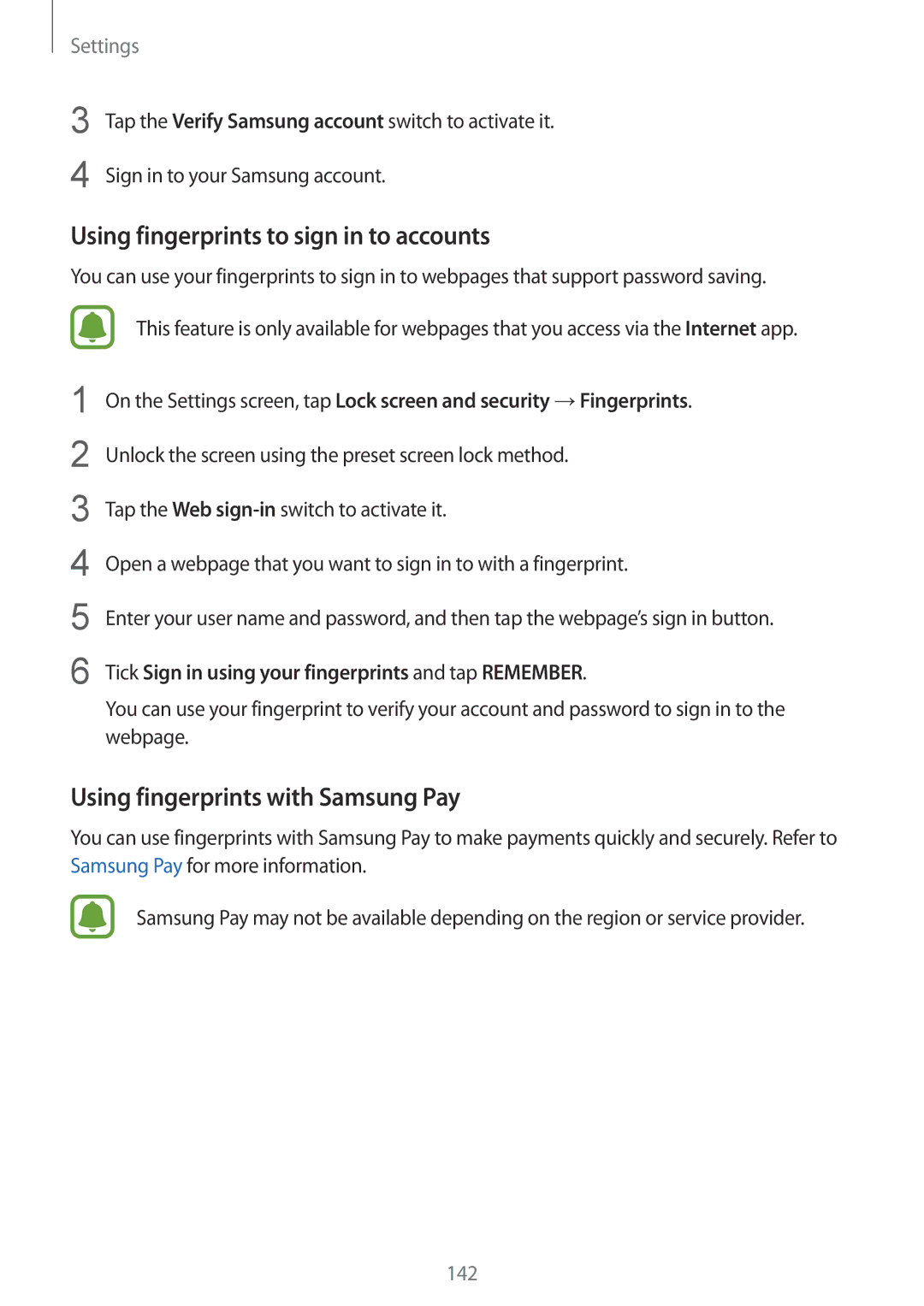 Samsung SM-G930FZKUXXV, SM-G930FZSADBT manual Using fingerprints to sign in to accounts, Using fingerprints with Samsung Pay 