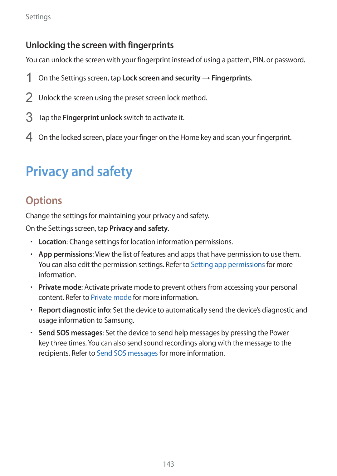 Samsung SM-G930FZSUXXV, SM-G930FZSADBT, SM-G930FZWADBT manual Privacy and safety, Unlocking the screen with fingerprints 