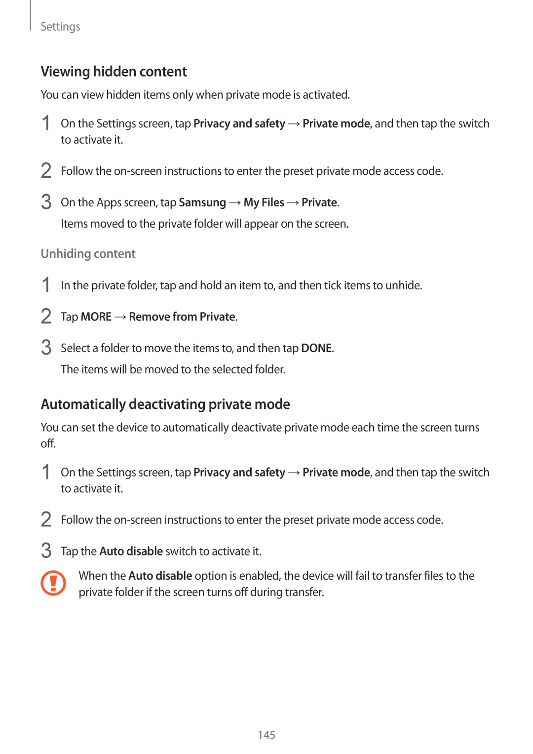 Samsung SM-G930FZDABGL Viewing hidden content, Automatically deactivating private mode, Tap More →Remove from Private 