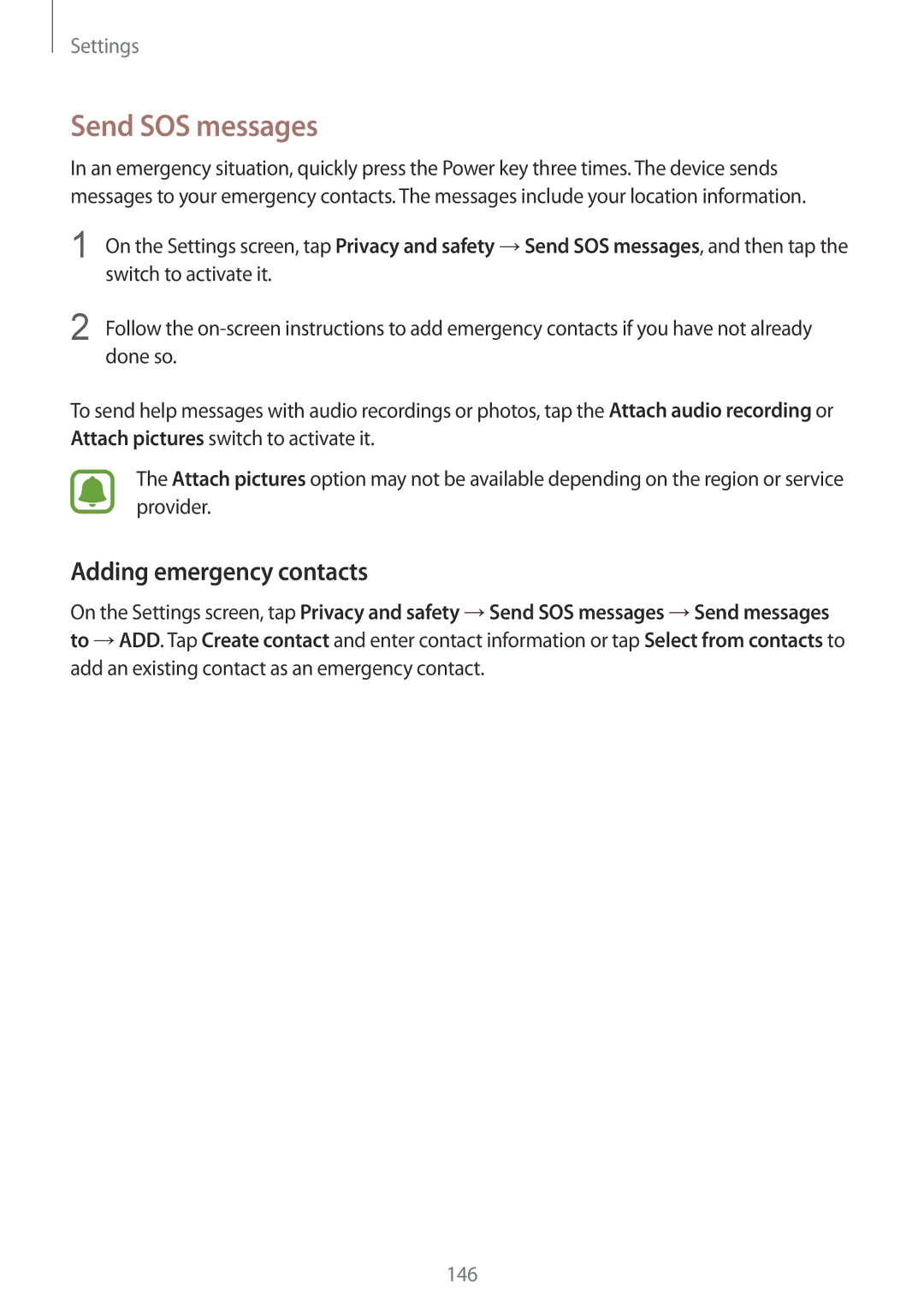 Samsung SM-G930FZKABGL, SM-G930FZSADBT, SM-G930FZWADBT, SM-G930FZDADBT manual Send SOS messages, Adding emergency contacts 