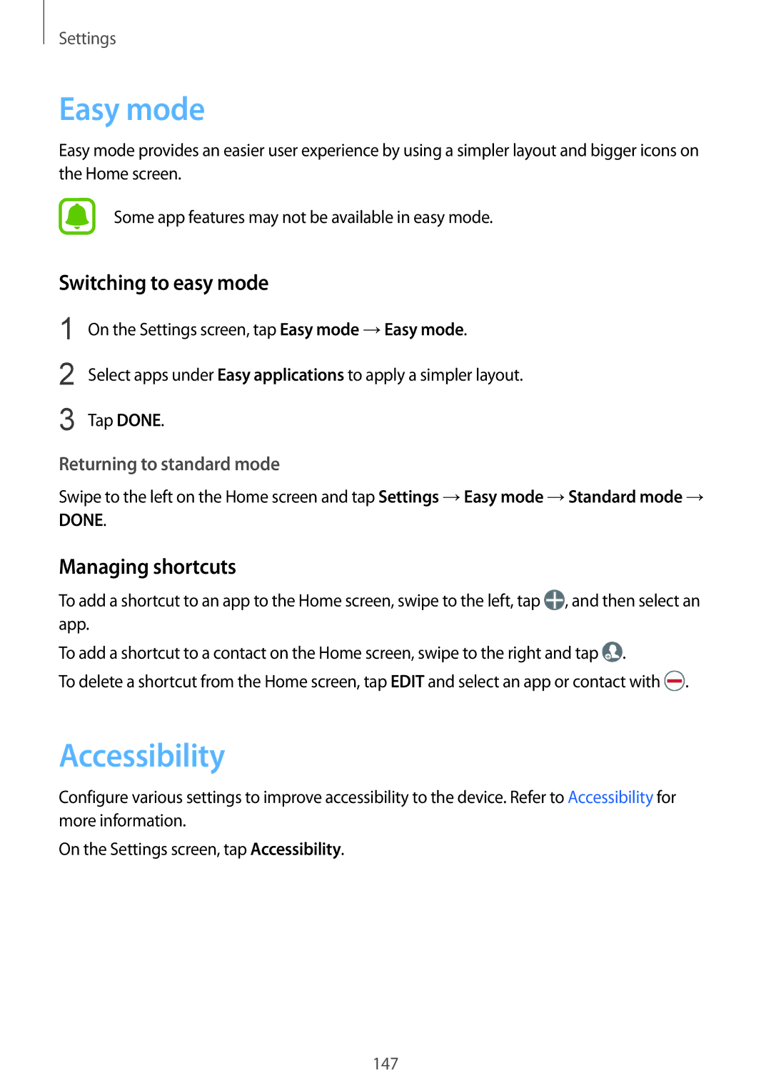 Samsung SM-G930FZSABGL, SM-G930FZSADBT, SM-G930FZWADBT Easy mode, Accessibility, Switching to easy mode, Managing shortcuts 