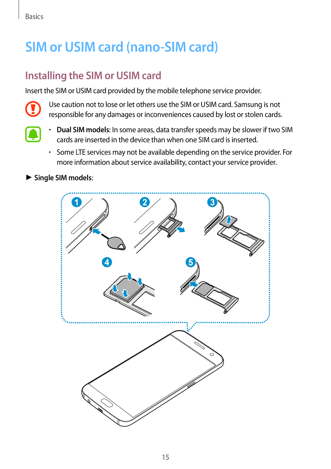 Samsung SM-G930FZSAPHE, SM-G930FZSADBT SIM or Usim card nano-SIM card, Installing the SIM or Usim card, Single SIM models 