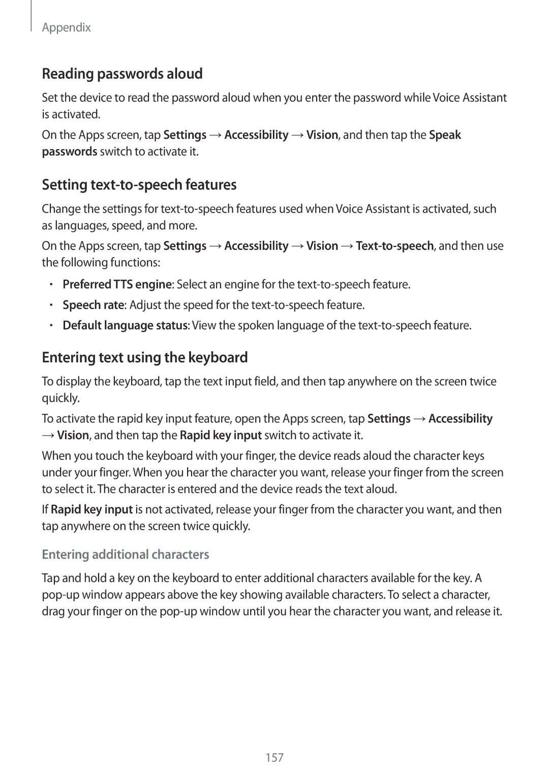 Samsung SM-G930FZDADHR manual Reading passwords aloud, Setting text-to-speech features, Entering text using the keyboard 