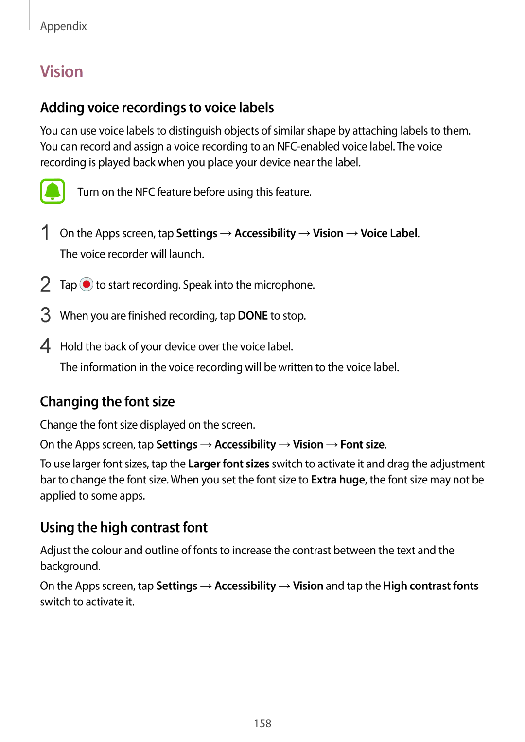 Samsung SM-G930FZKAETL, SM-G930FZSADBT manual Vision, Adding voice recordings to voice labels, Changing the font size 