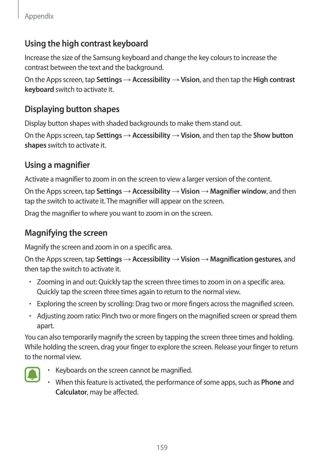 Samsung SM-G930FEDANEE, SM-G930FZSADBT manual Using the high contrast keyboard, Displaying button shapes, Using a magnifier 