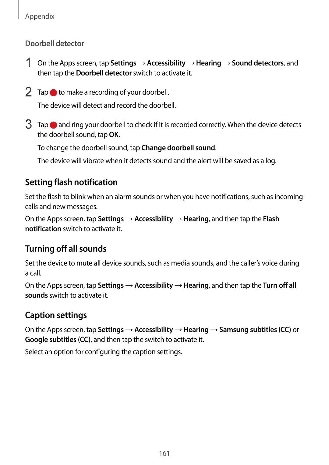 Samsung SM-G930FZSANEE, SM-G930FZSADBT, SM-G930FZWADBT Setting flash notification, Turning off all sounds, Caption settings 