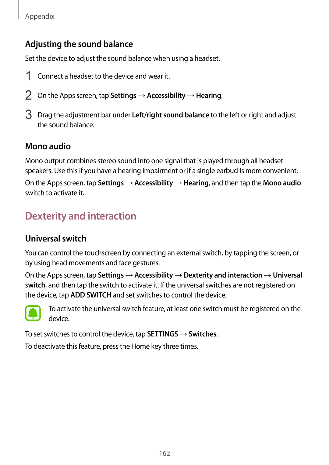 Samsung SM-G930FZKANEE manual Dexterity and interaction, Adjusting the sound balance, Mono audio, Universal switch 