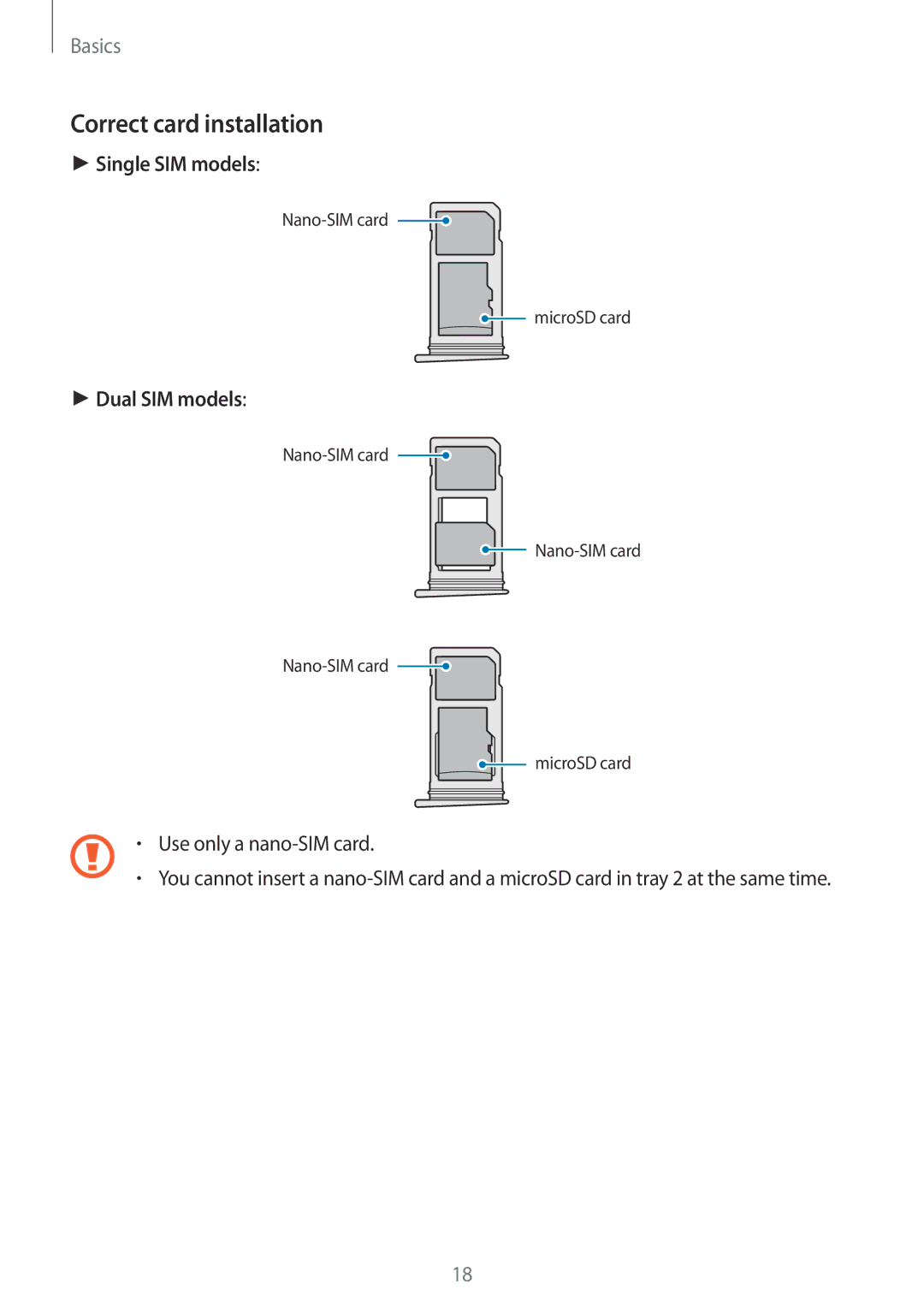 Samsung SM-G930FZDAPHE, SM-G930FZSADBT, SM-G930FZWADBT, SM-G930FZDADBT manual Correct card installation, Single SIM models 