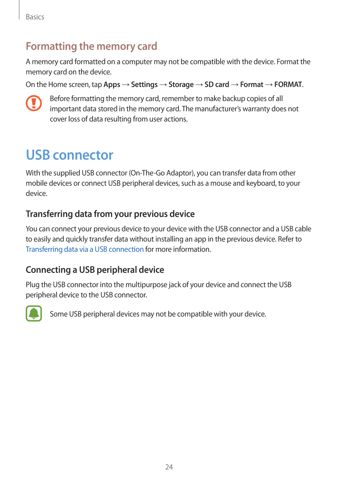 Samsung SM-G930FZWAKSA manual USB connector, Formatting the memory card, Transferring data from your previous device 