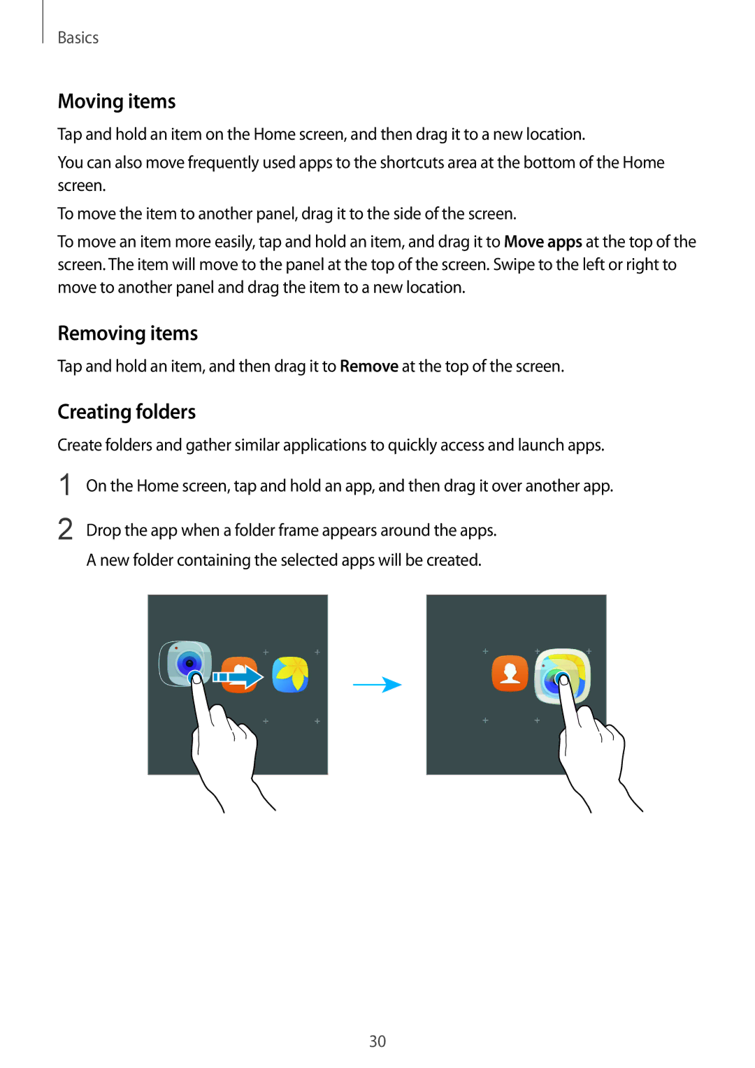 Samsung SM-G930FZKABGL, SM-G930FZSADBT, SM-G930FZWADBT, SM-G930FZDADBT manual Moving items, Removing items, Creating folders 