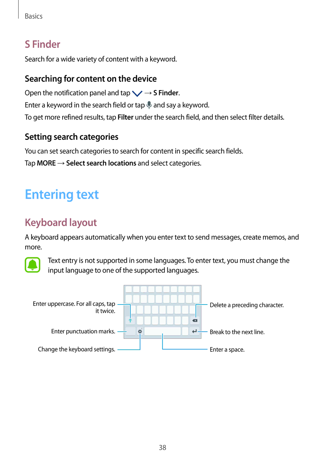 Samsung SM-G930FEDASEE, SM-G930FZSADBT manual Entering text, Finder, Keyboard layout, Searching for content on the device 