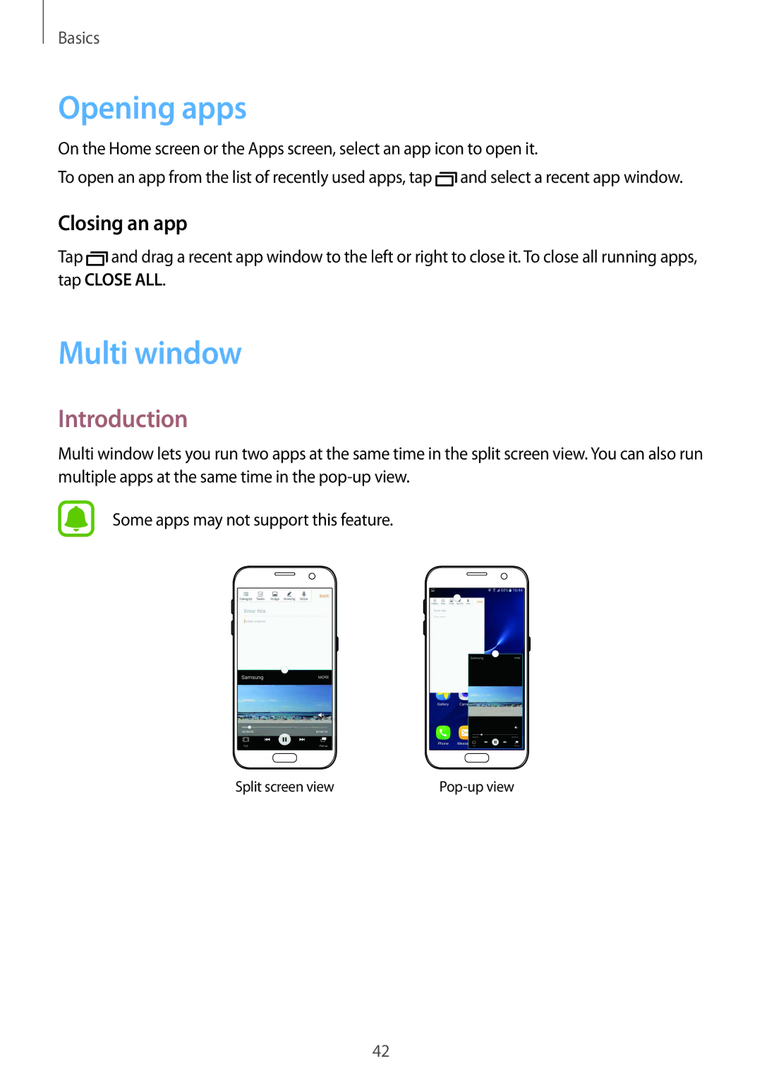 Samsung SM-G930FZKAETL, SM-G930FZSADBT, SM-G930FZWADBT manual Opening apps, Multi window, Introduction, Closing an app 