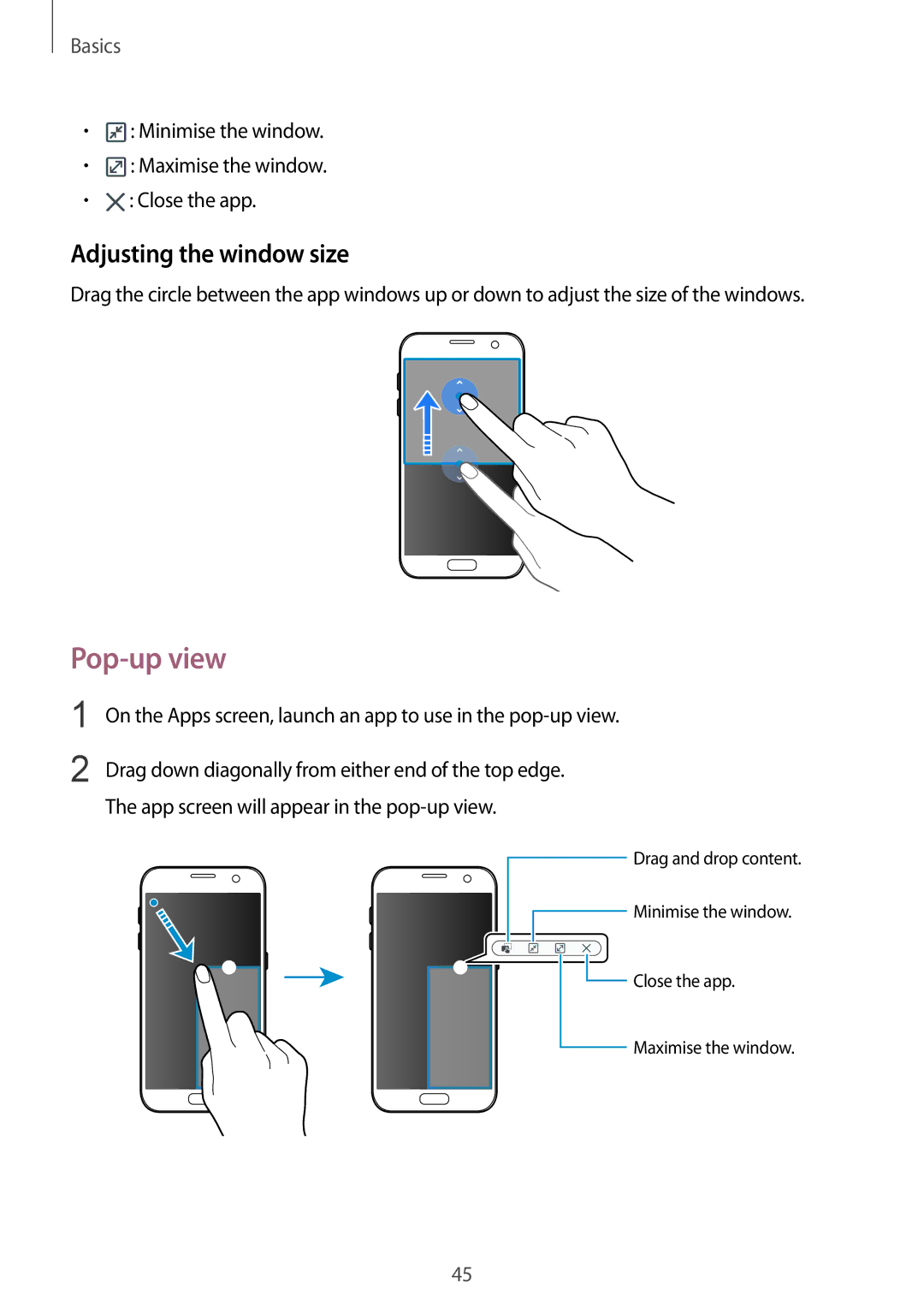 Samsung SM-G930FZSANEE, SM-G930FZSADBT, SM-G930FZWADBT, SM-G930FZDADBT, SM-G930FZKADBT Pop-up view, Adjusting the window size 