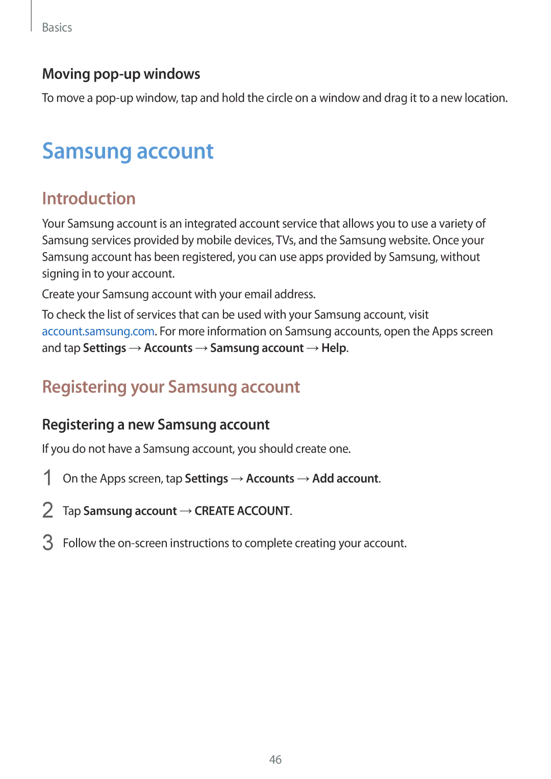 Samsung SM-G930FZKANEE Registering your Samsung account, Moving pop-up windows, Registering a new Samsung account 