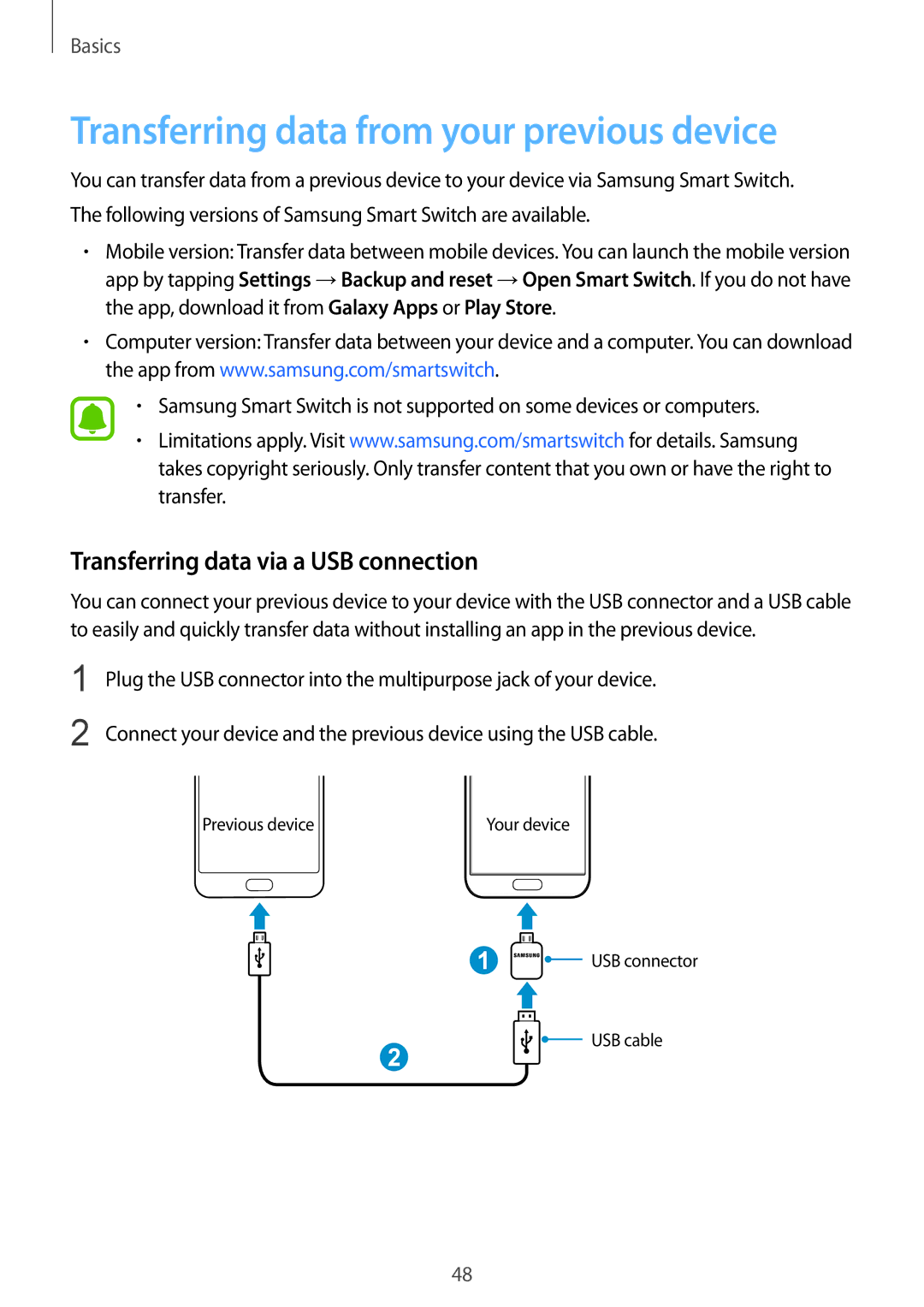 Samsung SM-G930FZDASEB, SM-G930FZSADBT Transferring data from your previous device, Transferring data via a USB connection 