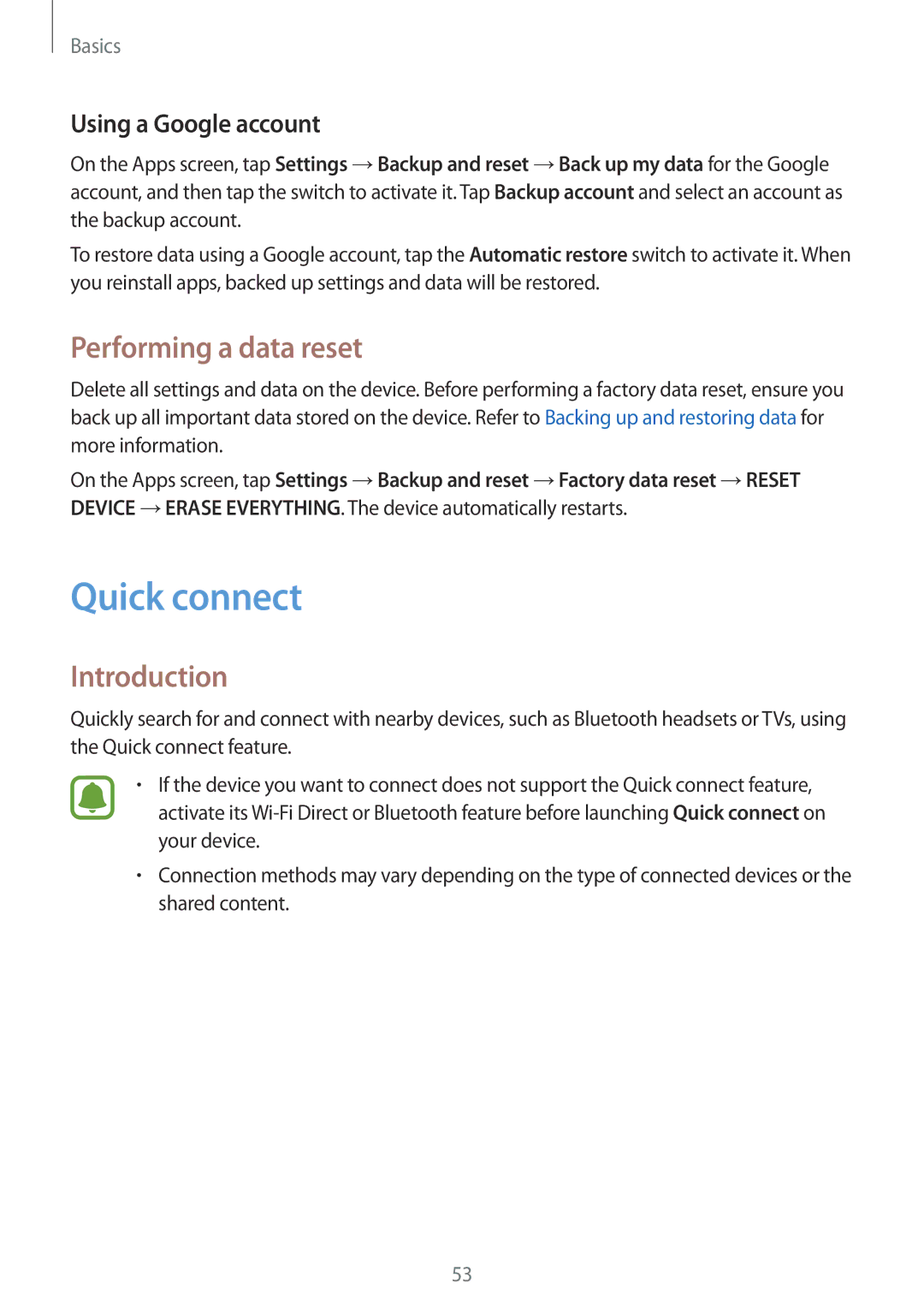 Samsung SM-G930FZDAXEH, SM-G930FZSADBT, SM-G930FZWADBT manual Quick connect, Performing a data reset, Using a Google account 