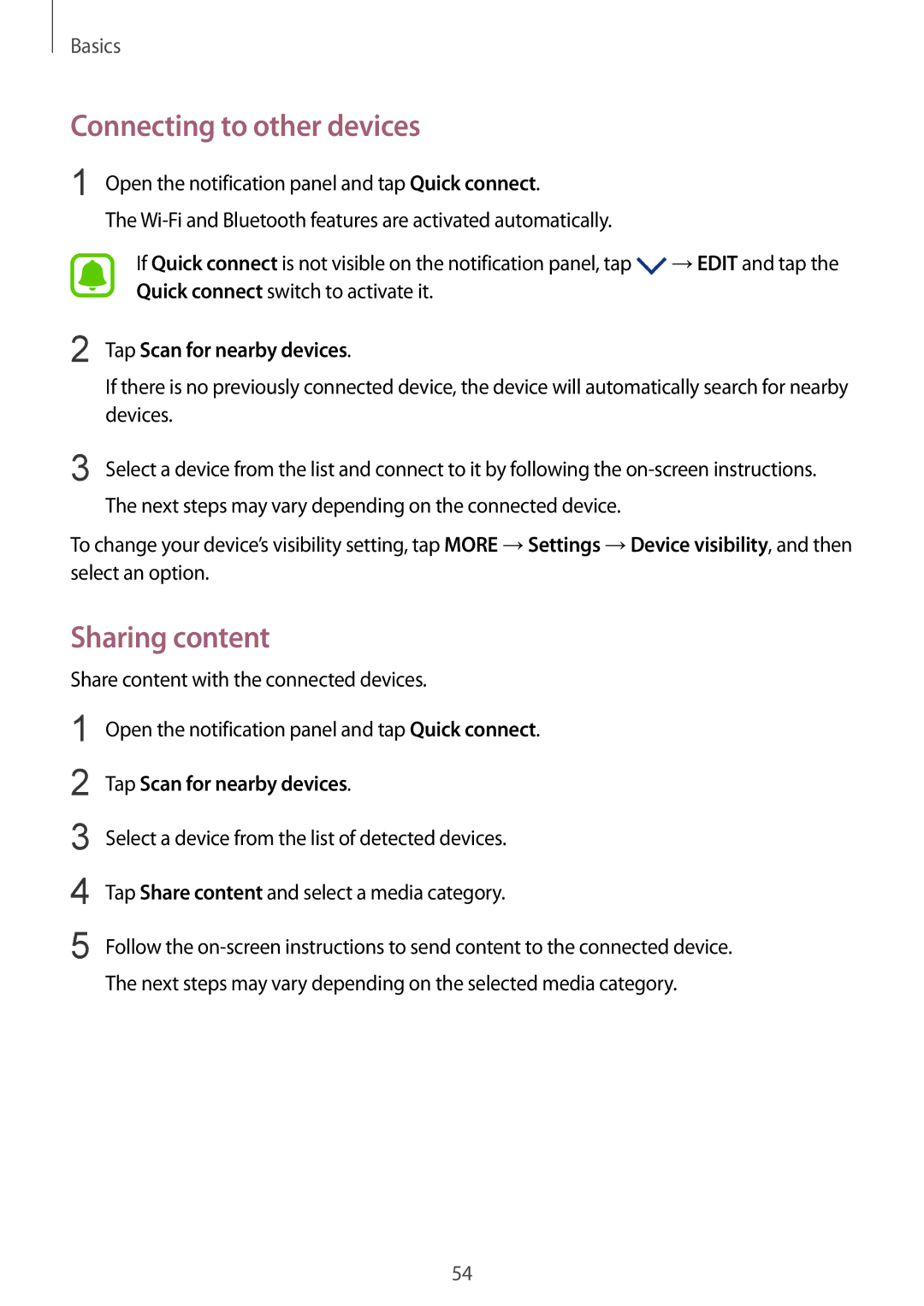 Samsung CG-G930FEDYGEO, SM-G930FZSADBT manual Connecting to other devices, Sharing content, Tap Scan for nearby devices 