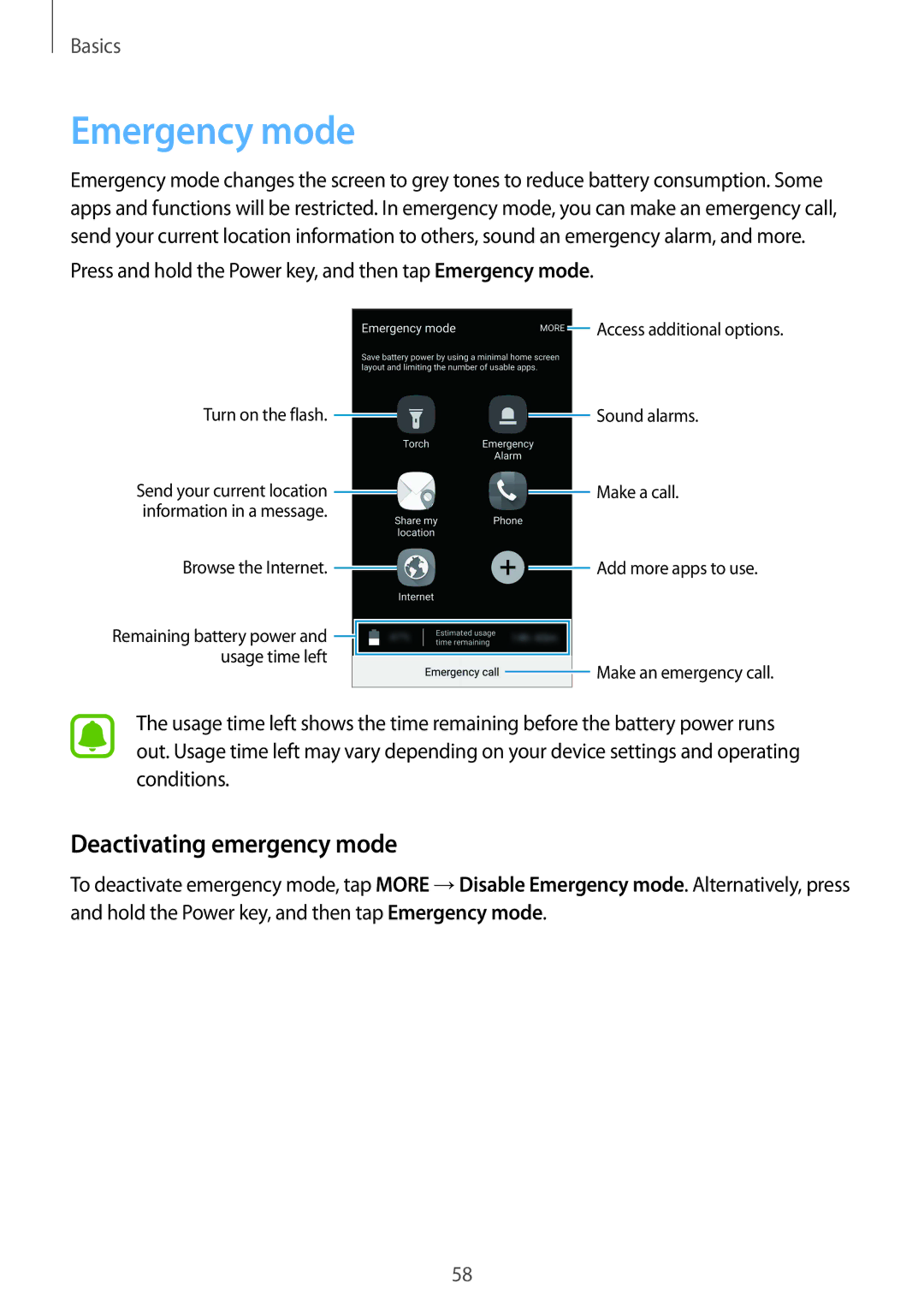 Samsung SM-G930FZSADBT, SM-G930FZWADBT, SM-G930FZDADBT, SM-G930FZKADBT manual Emergency mode, Deactivating emergency mode 