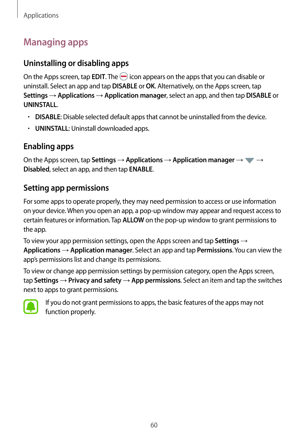 Samsung SM-G930FZDADBT manual Managing apps, Uninstalling or disabling apps, Enabling apps, Setting app permissions 