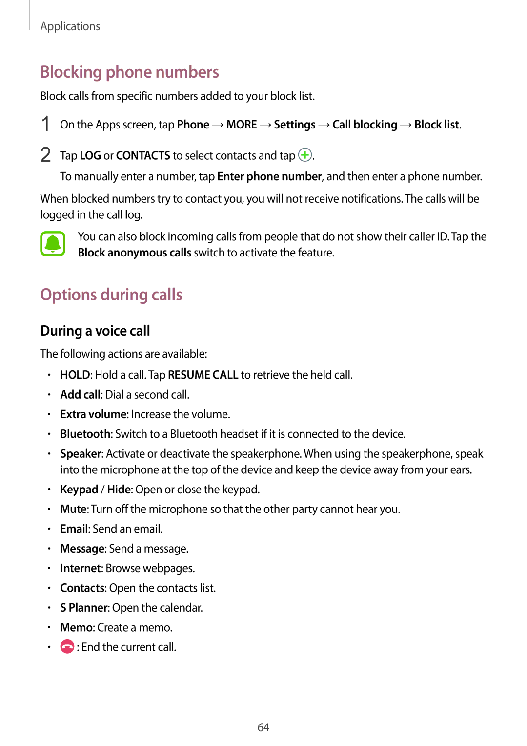 Samsung SM-G930FZDAXEF, SM-G930FZSADBT, SM-G930FZWADBT Blocking phone numbers, Options during calls, During a voice call 