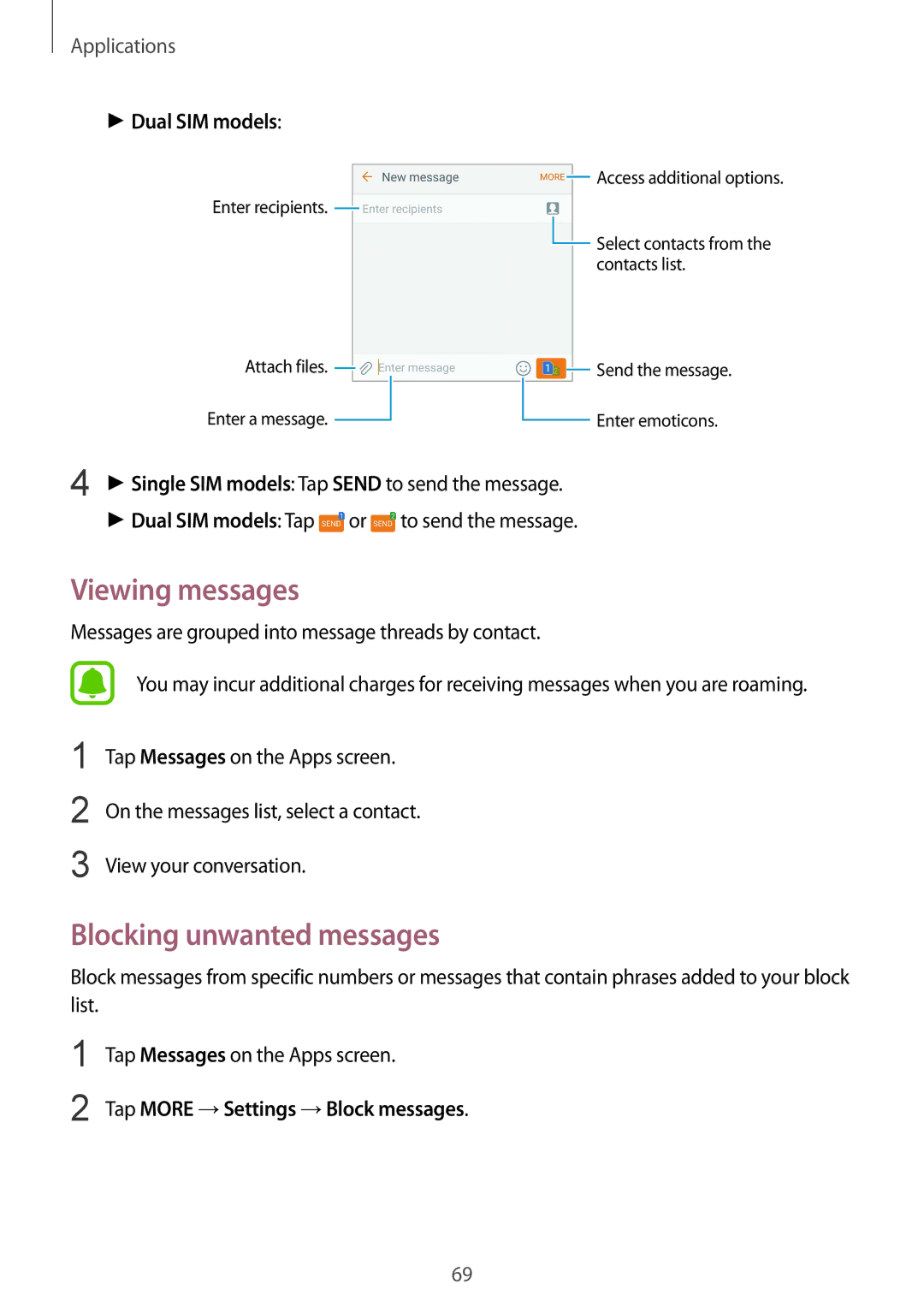 Samsung SM-G930FZWAITV, SM-G930FZSADBT, SM-G930FZWADBT, SM-G930FZDADBT manual Viewing messages, Blocking unwanted messages 