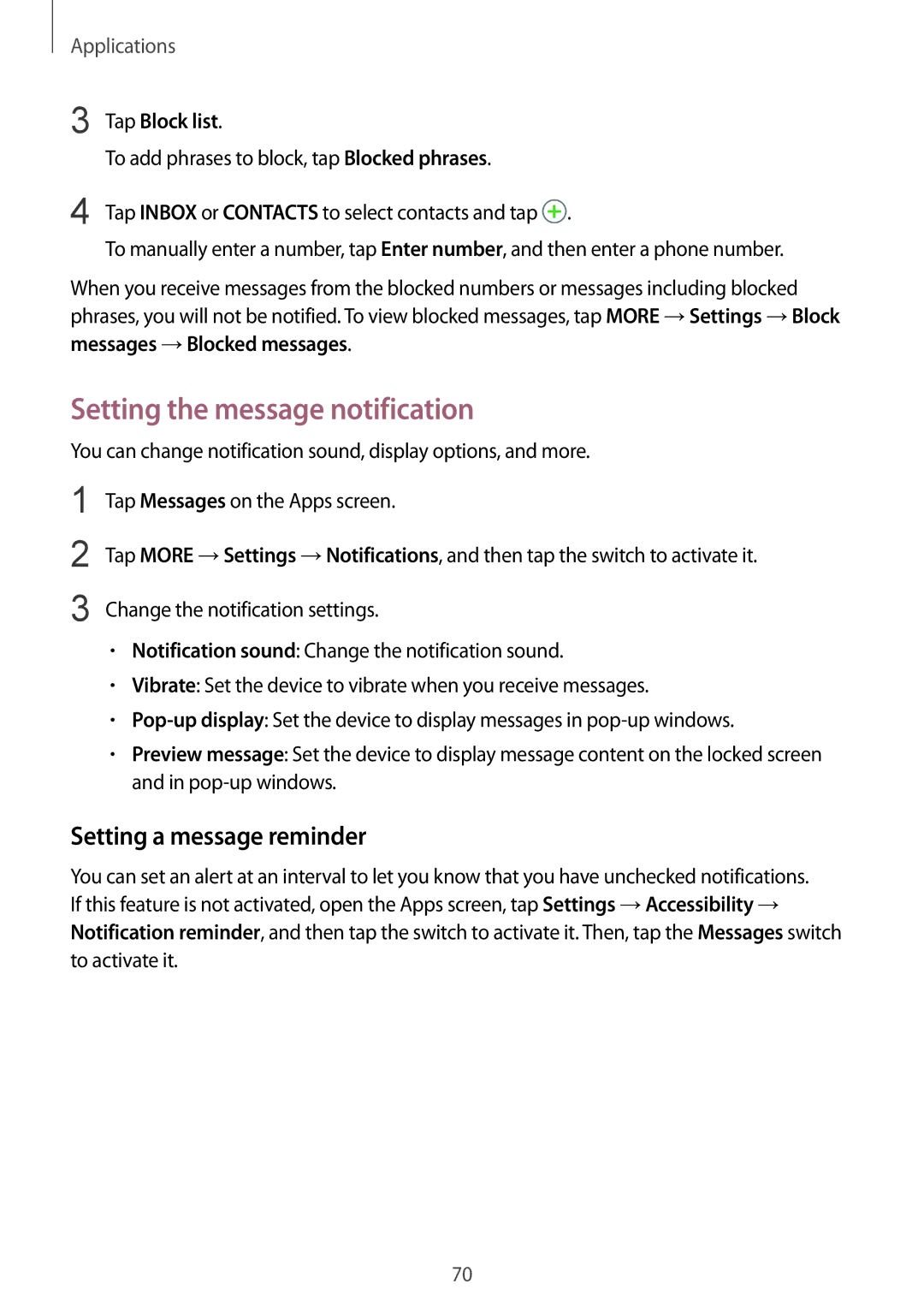 Samsung SM-G930FZSAITV, SM-G930FZSADBT manual Setting the message notification, Setting a message reminder, Tap Block list 