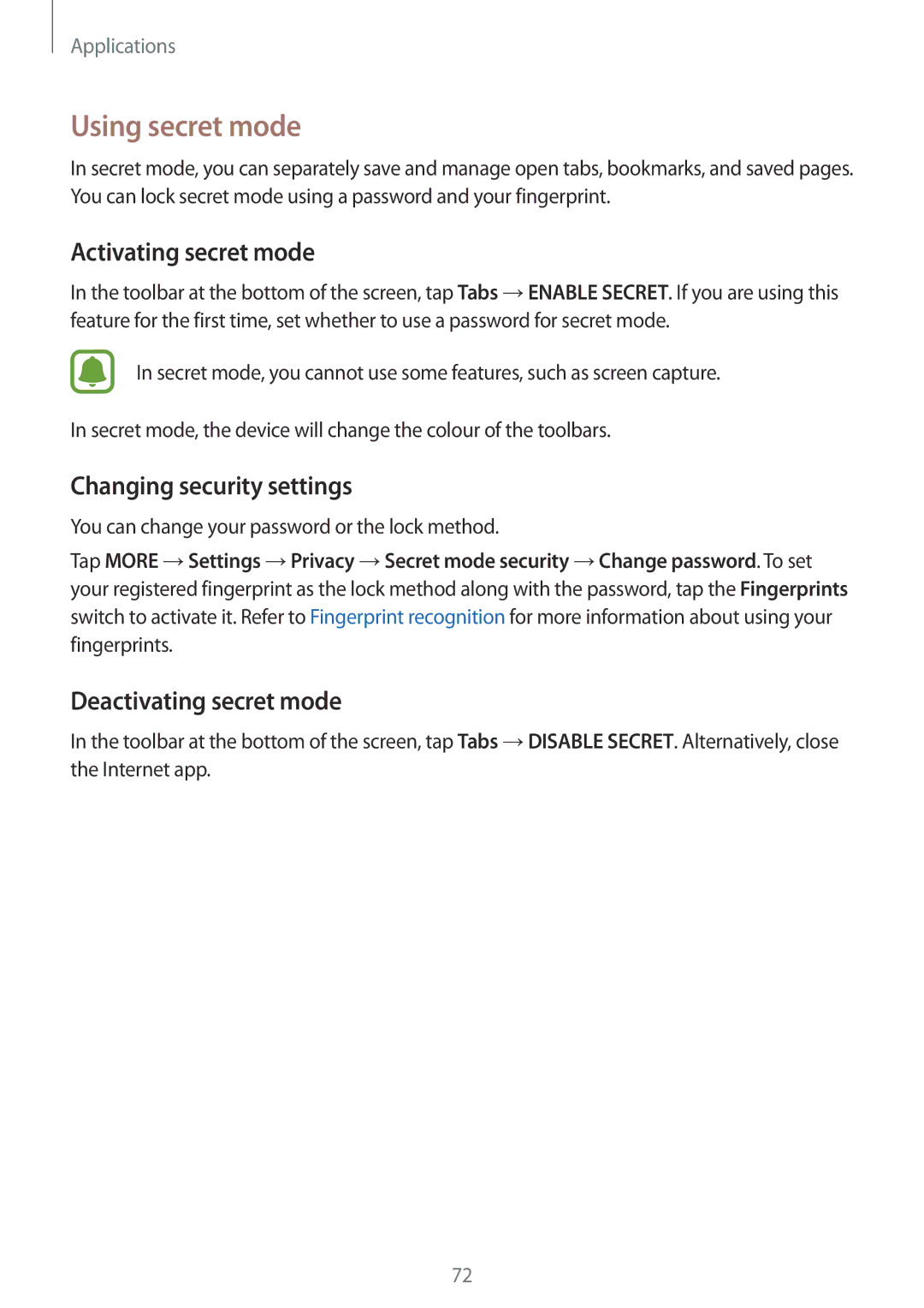 Samsung SM-G930FZKAITV Using secret mode, Activating secret mode, Changing security settings, Deactivating secret mode 
