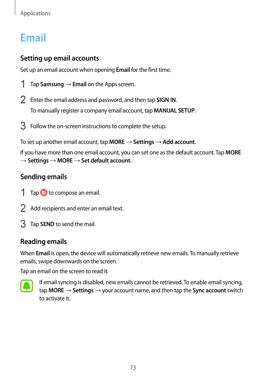 Samsung SM-G930FZSAPHE Setting up email accounts, Sending emails, Reading emails, → Settings →MORE →Set default account 