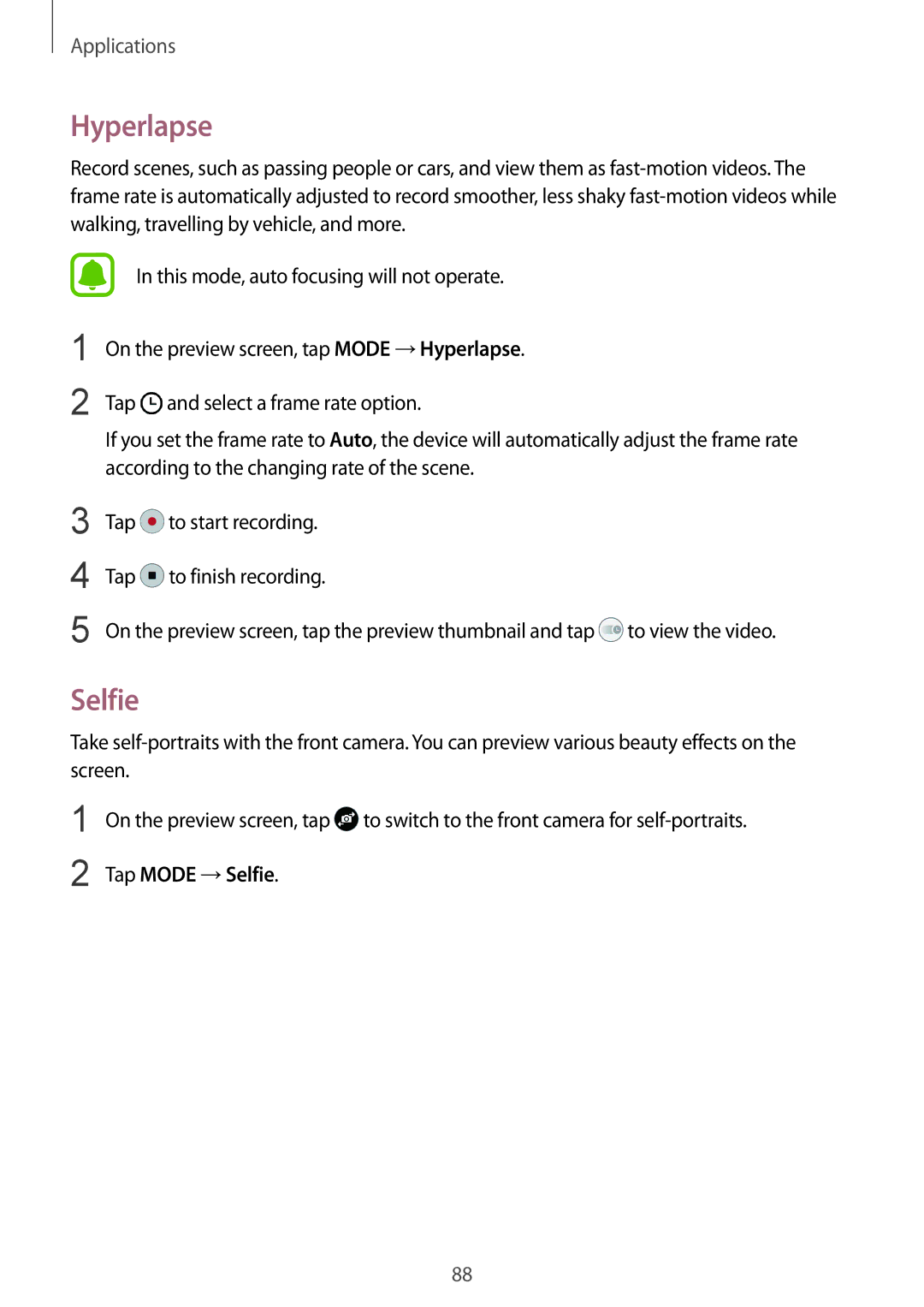 Samsung SM-G930FZKABGL, SM-G930FZSADBT, SM-G930FZWADBT, SM-G930FZDADBT, SM-G930FZKADBT manual Hyperlapse, Tap Mode →Selfie 