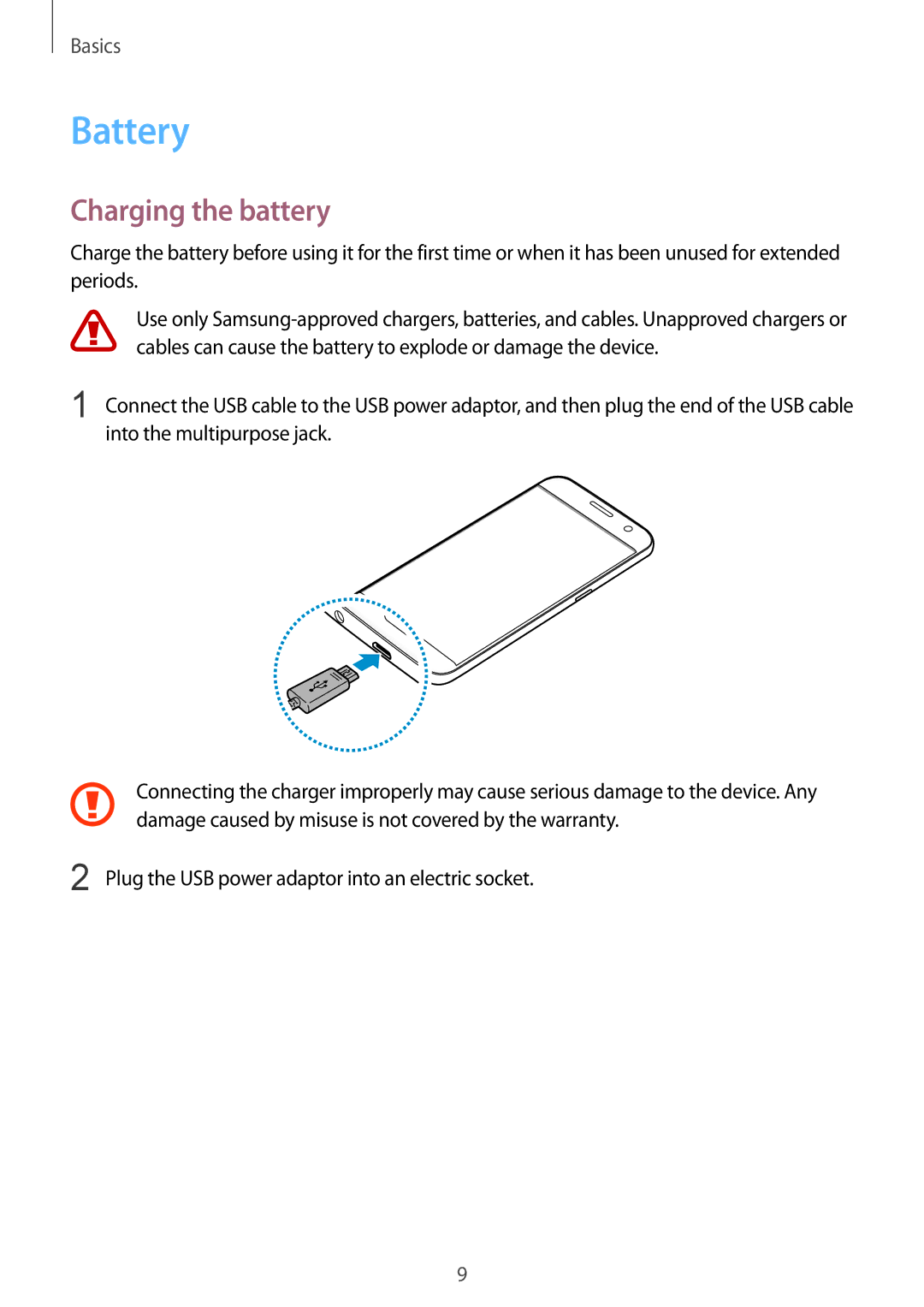 Samsung SM-G930FZSAXEF, SM-G930FZSADBT, SM-G930FZWADBT, SM-G930FZDADBT, SM-G930FZKADBT manual Battery, Charging the battery 