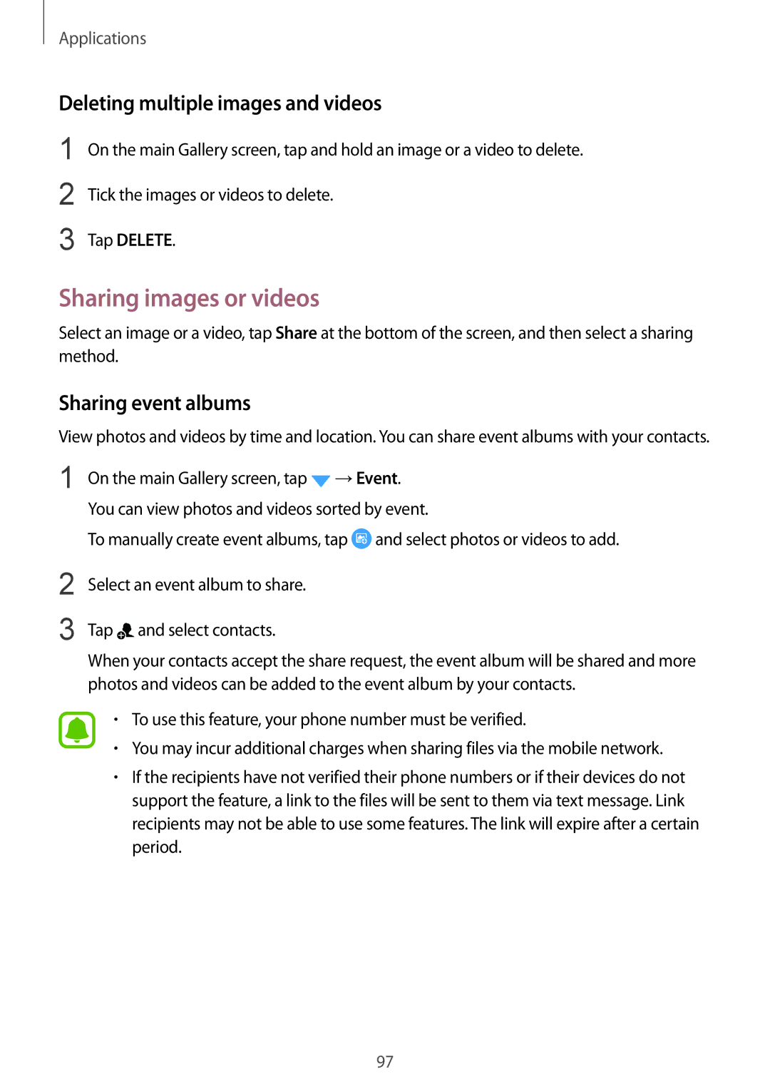 Samsung SM-G930FZDASEE Sharing images or videos, Deleting multiple images and videos, Sharing event albums, Tap Delete 