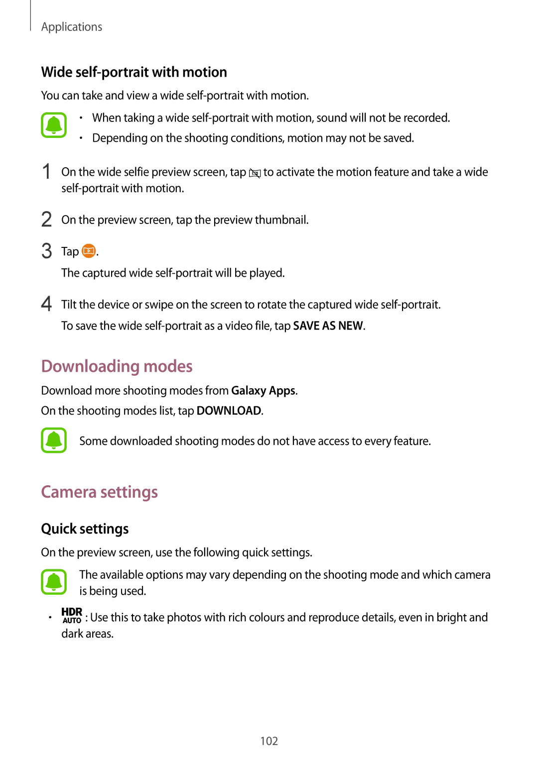 Samsung SM-G930FZDAPHE, SM-G930FZSADBT Downloading modes, Camera settings, Wide self-portrait with motion, Quick settings 