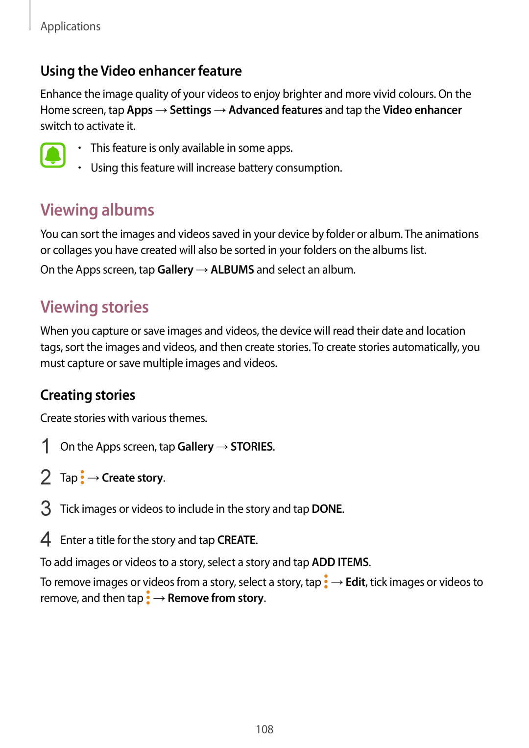 Samsung SM-G930FZWAKSA, SM-G930FZSADBT Viewing albums, Viewing stories, Using the Video enhancer feature, Creating stories 